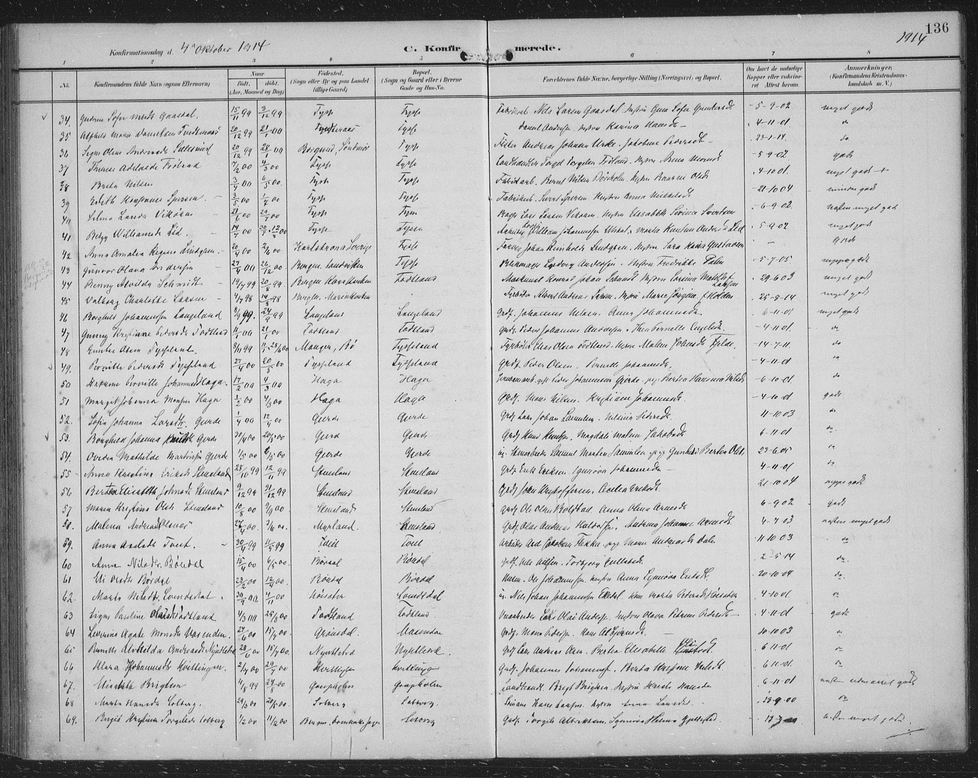 Samnanger Sokneprestembete, AV/SAB-A-77501/H/Haa: Parish register (official) no. A 2, 1902-1918, p. 136