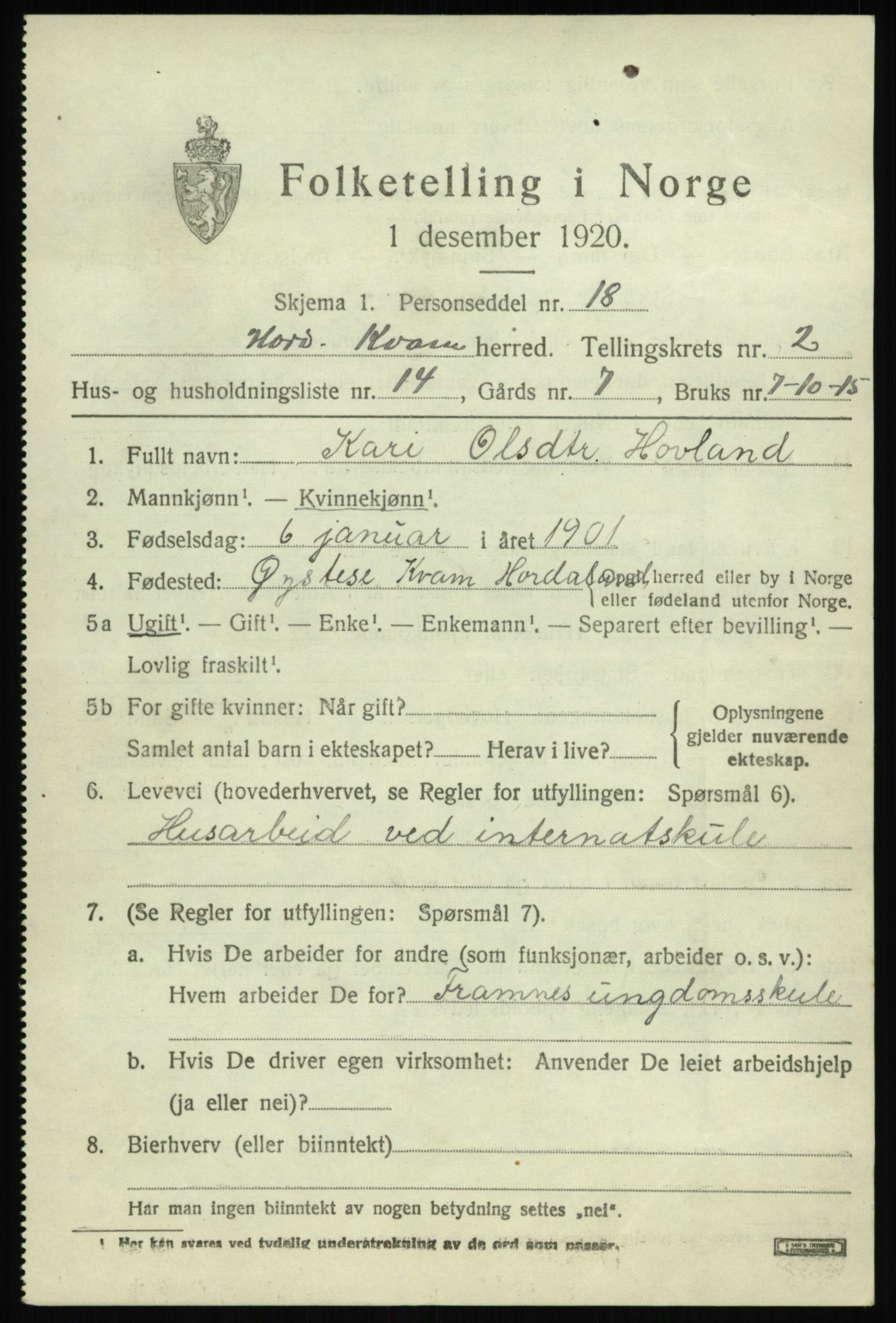 SAB, 1920 census for Kvam, 1920, p. 2005