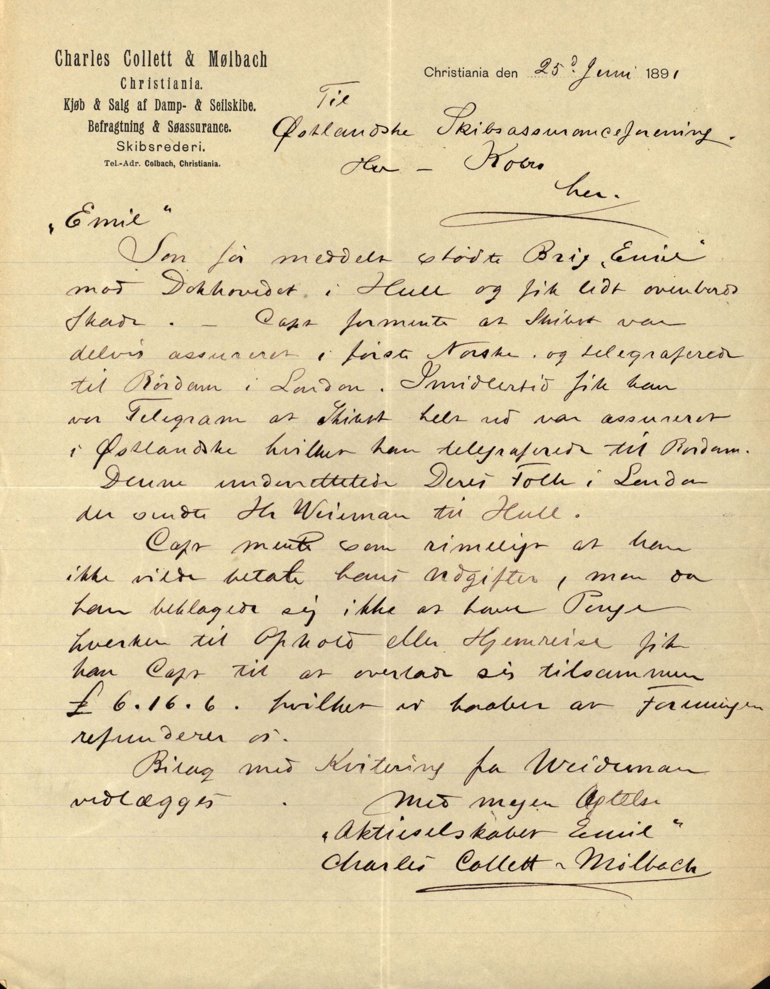 Pa 63 - Østlandske skibsassuranceforening, VEMU/A-1079/G/Ga/L0027/0008: Havaridokumenter / Minnie, Esmeralda, Emil, Emmeline, 1891, p. 39