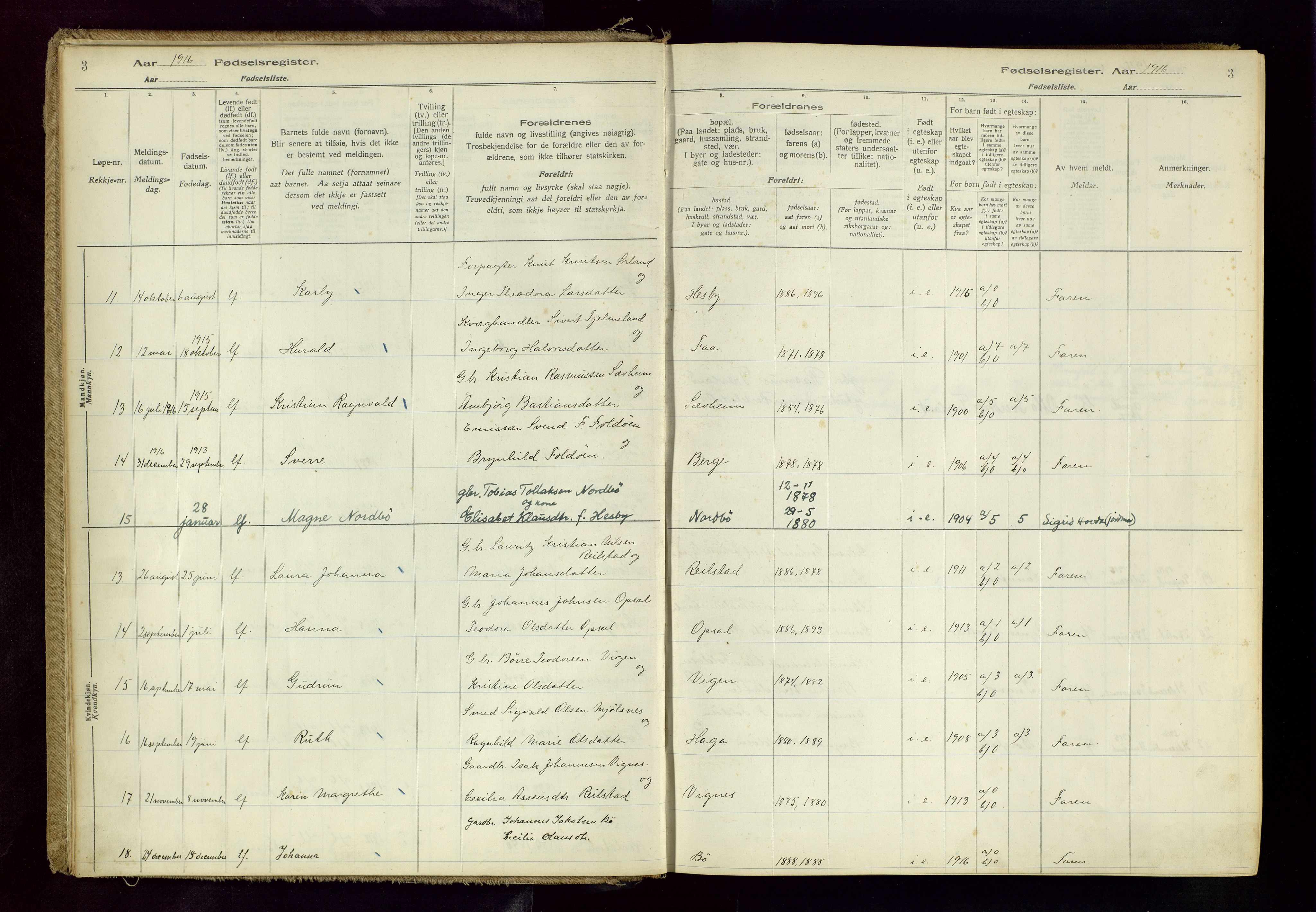 Finnøy sokneprestkontor, AV/SAST-A-101825/I/Id/L0001: Birth register no. 1, 1916-1977, p. 3