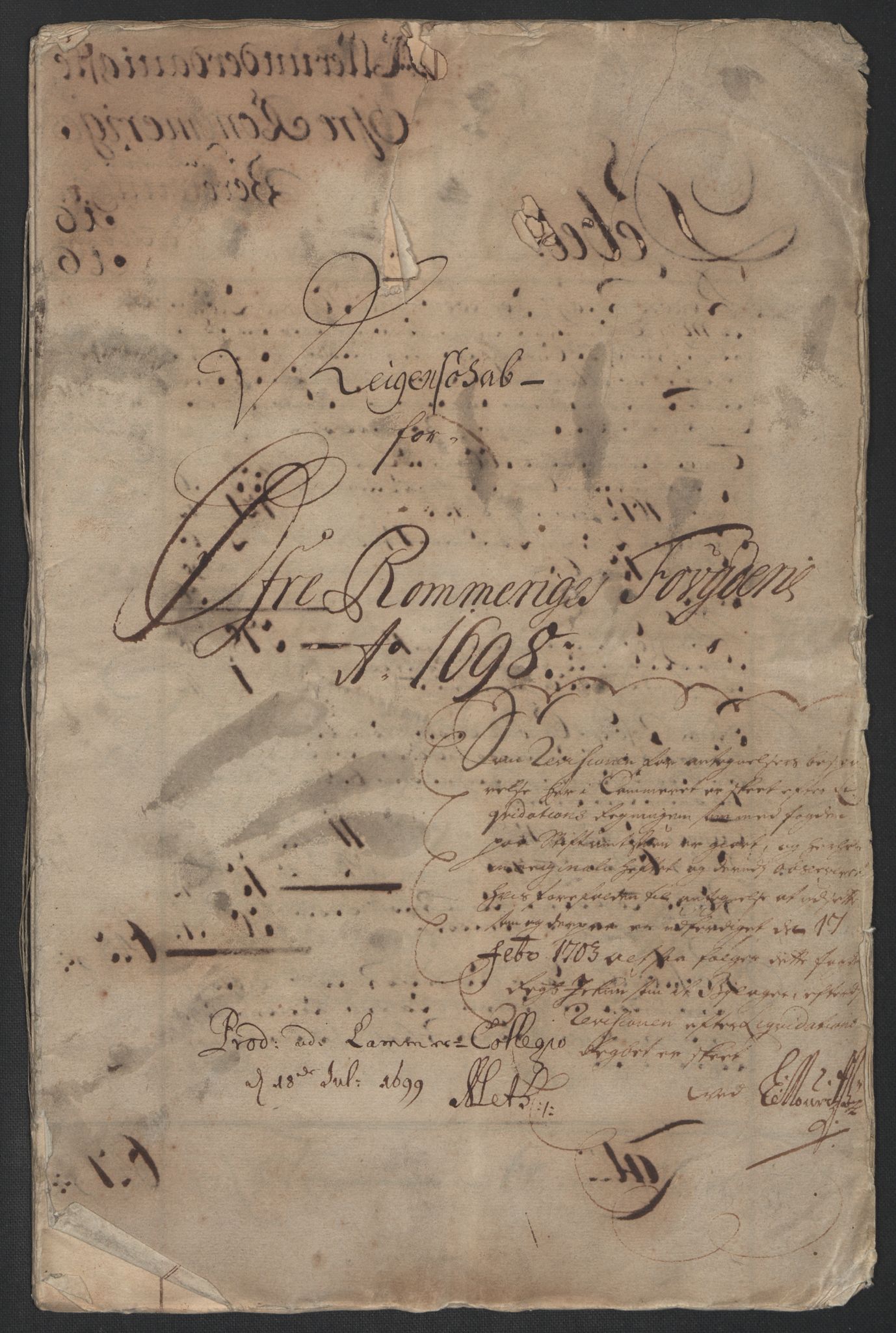 Rentekammeret inntil 1814, Reviderte regnskaper, Fogderegnskap, RA/EA-4092/R12/L0710: Fogderegnskap Øvre Romerike, 1698, p. 4
