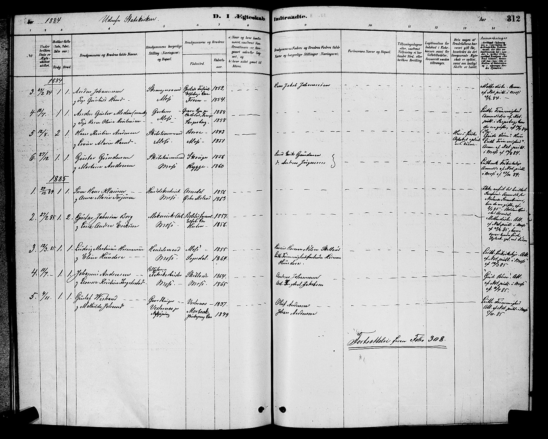 Moss prestekontor Kirkebøker, AV/SAO-A-2003/G/Ga/L0005: Parish register (copy) no. I 5, 1878-1888, p. 312