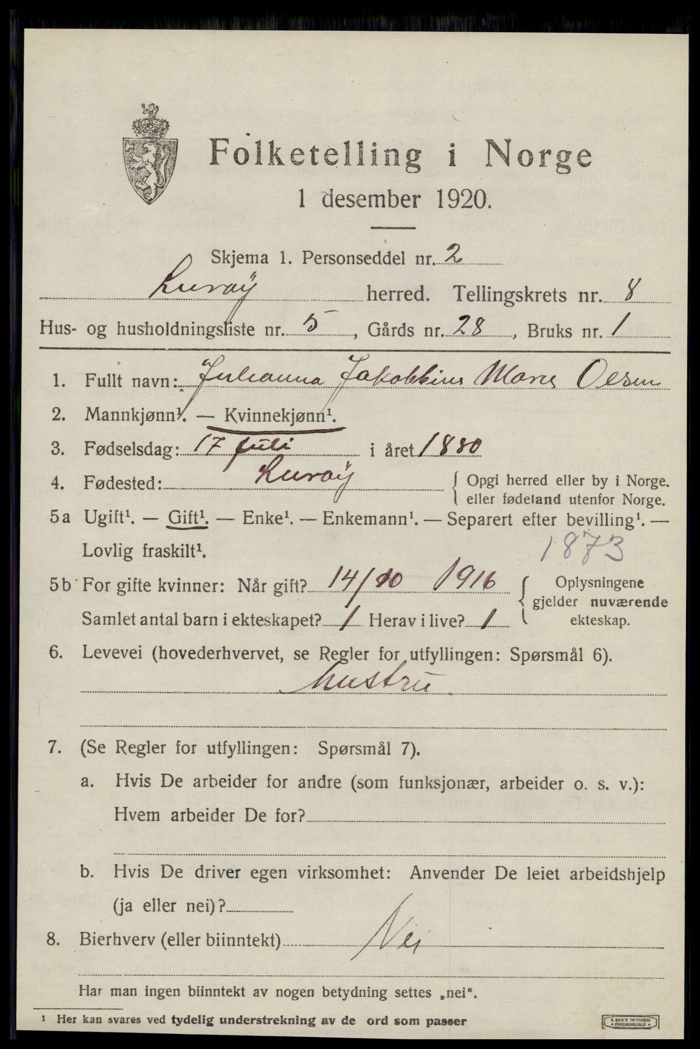 SAT, 1920 census for Lurøy, 1920, p. 3919