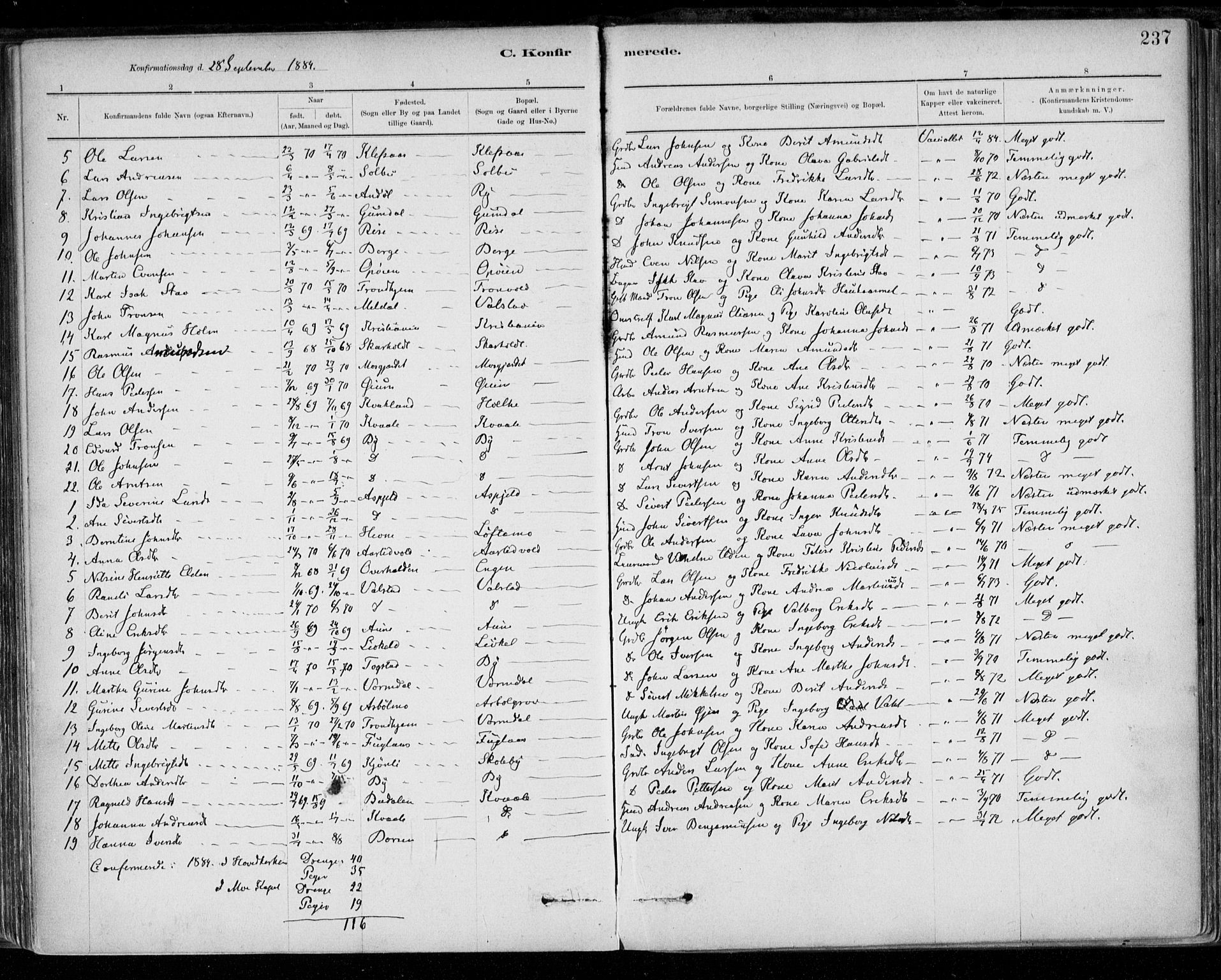 Ministerialprotokoller, klokkerbøker og fødselsregistre - Sør-Trøndelag, SAT/A-1456/668/L0809: Parish register (official) no. 668A09, 1881-1895, p. 237