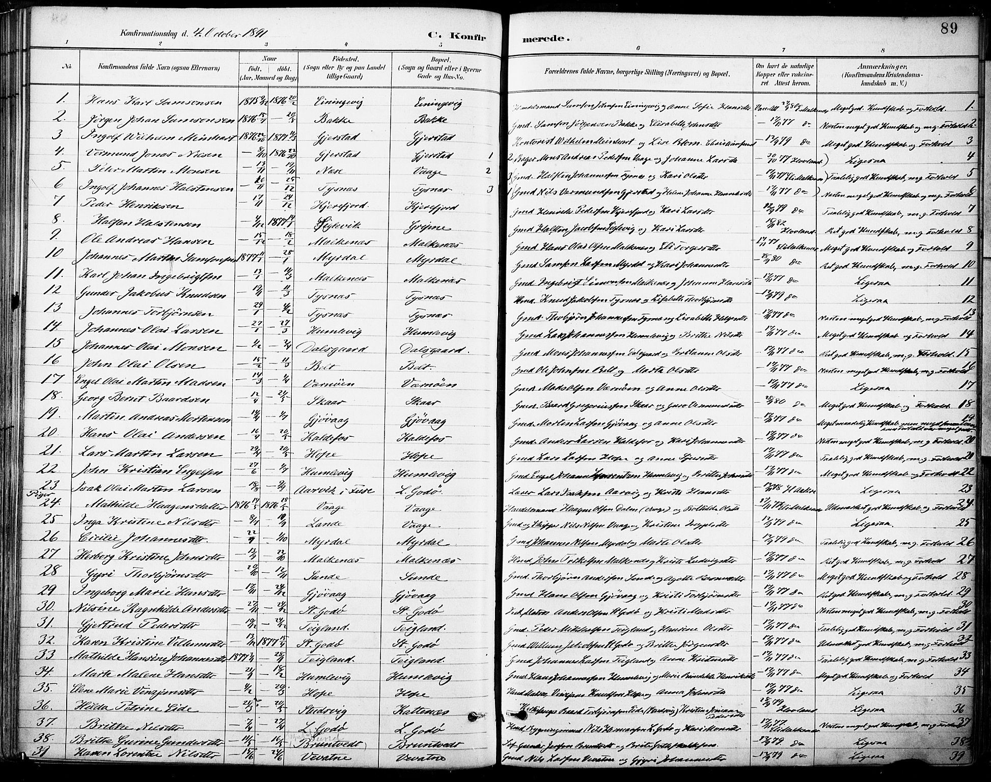 Tysnes sokneprestembete, SAB/A-78601/H/Haa: Parish register (official) no. B 1, 1887-1906, p. 89