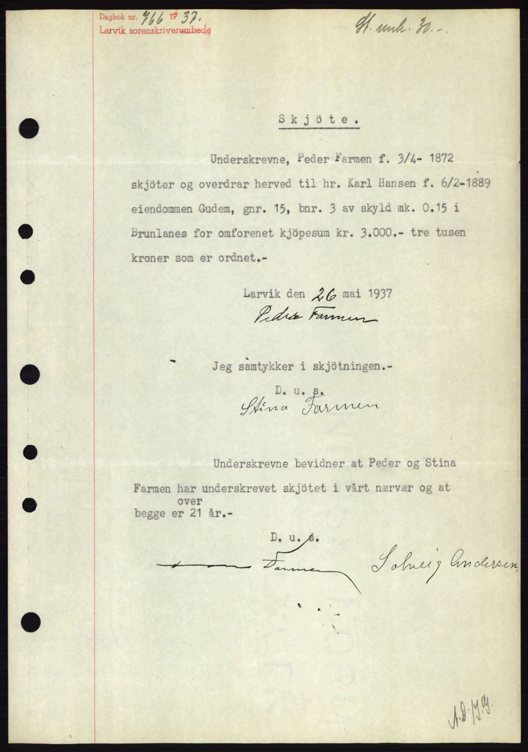 Larvik sorenskriveri, SAKO/A-83/G/Ga/Gab/L0067: Mortgage book no. A-1, 1936-1937, Diary no: : 766/1937