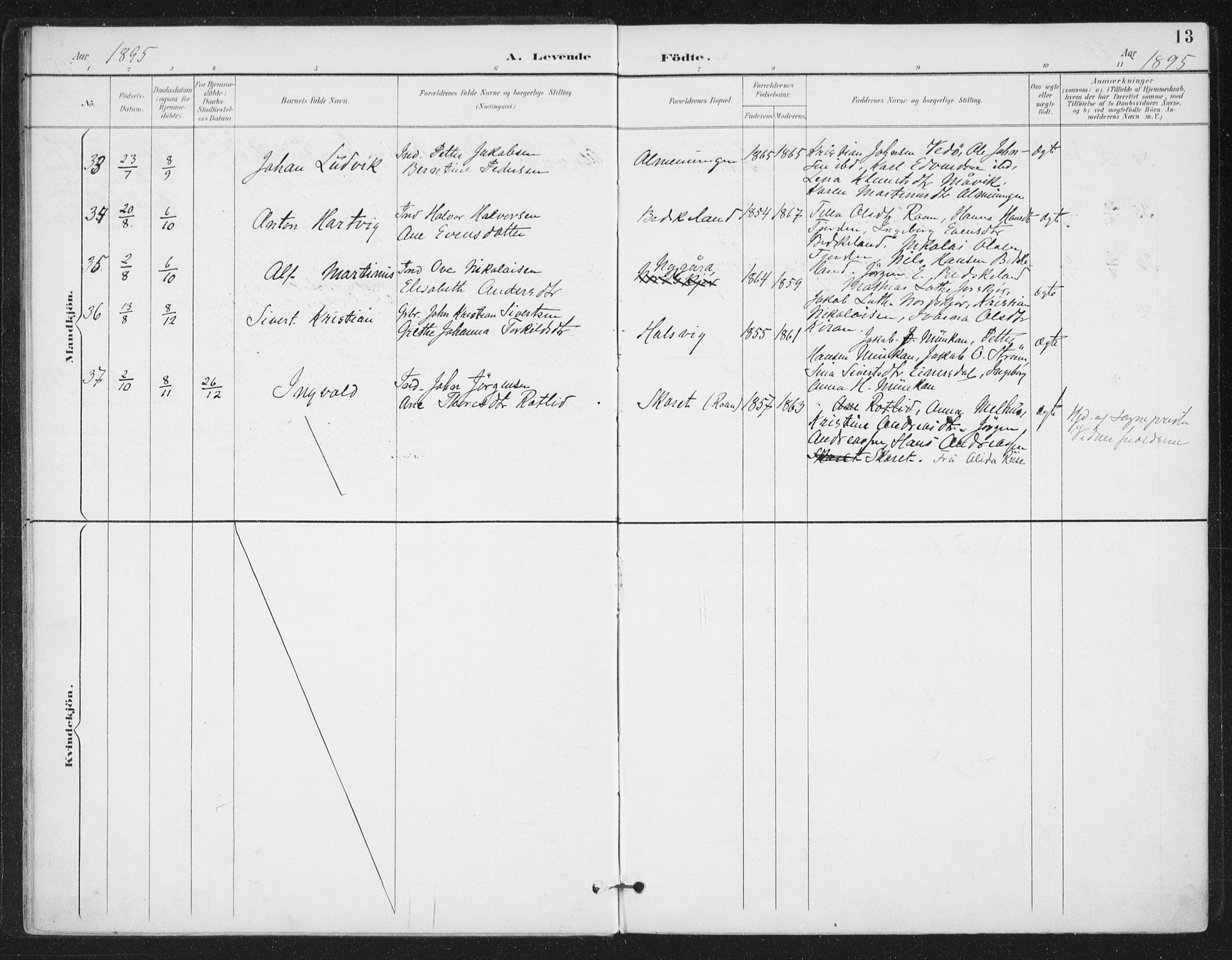 Ministerialprotokoller, klokkerbøker og fødselsregistre - Sør-Trøndelag, SAT/A-1456/657/L0708: Parish register (official) no. 657A09, 1894-1904, p. 13