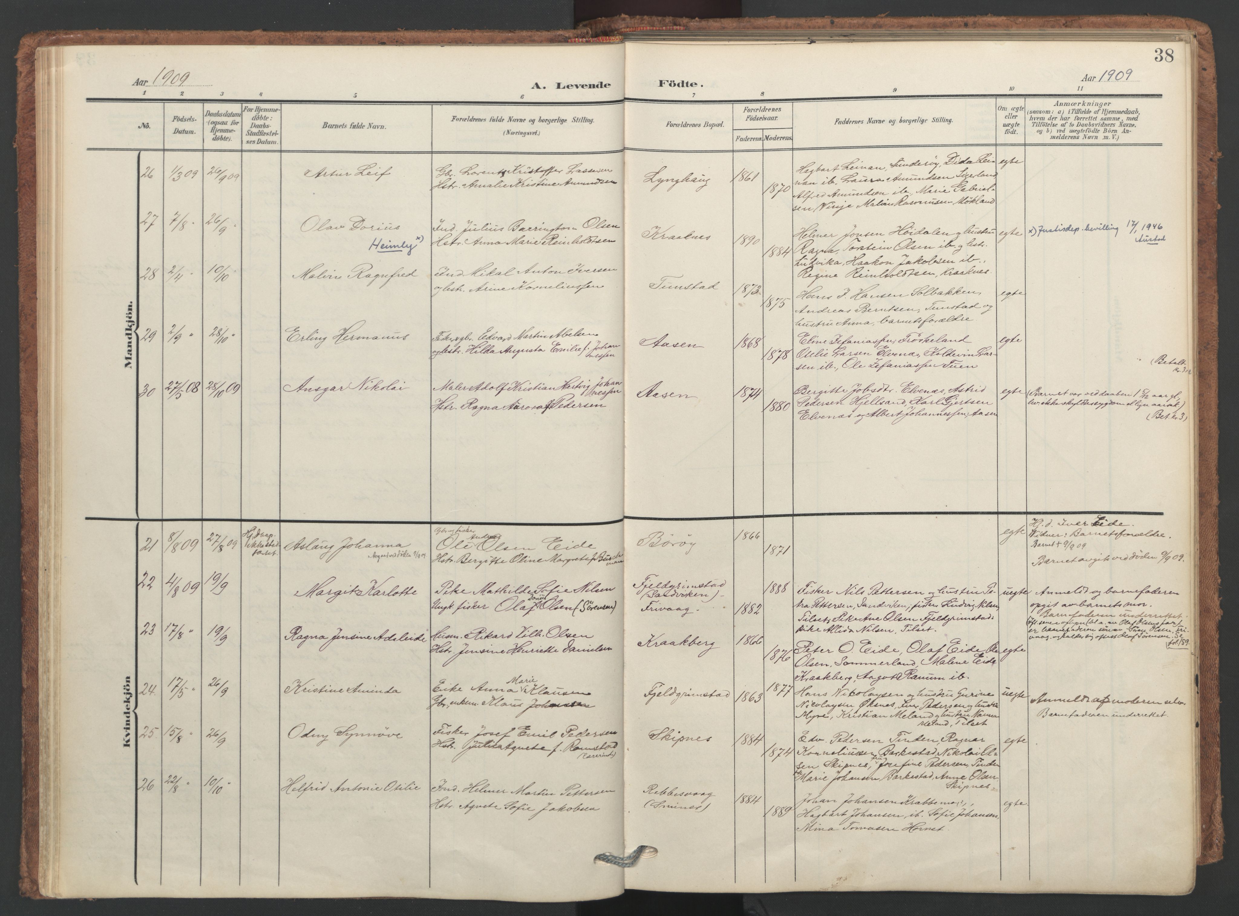 Ministerialprotokoller, klokkerbøker og fødselsregistre - Nordland, SAT/A-1459/893/L1339: Parish register (official) no. 893A11, 1904-1914, p. 38