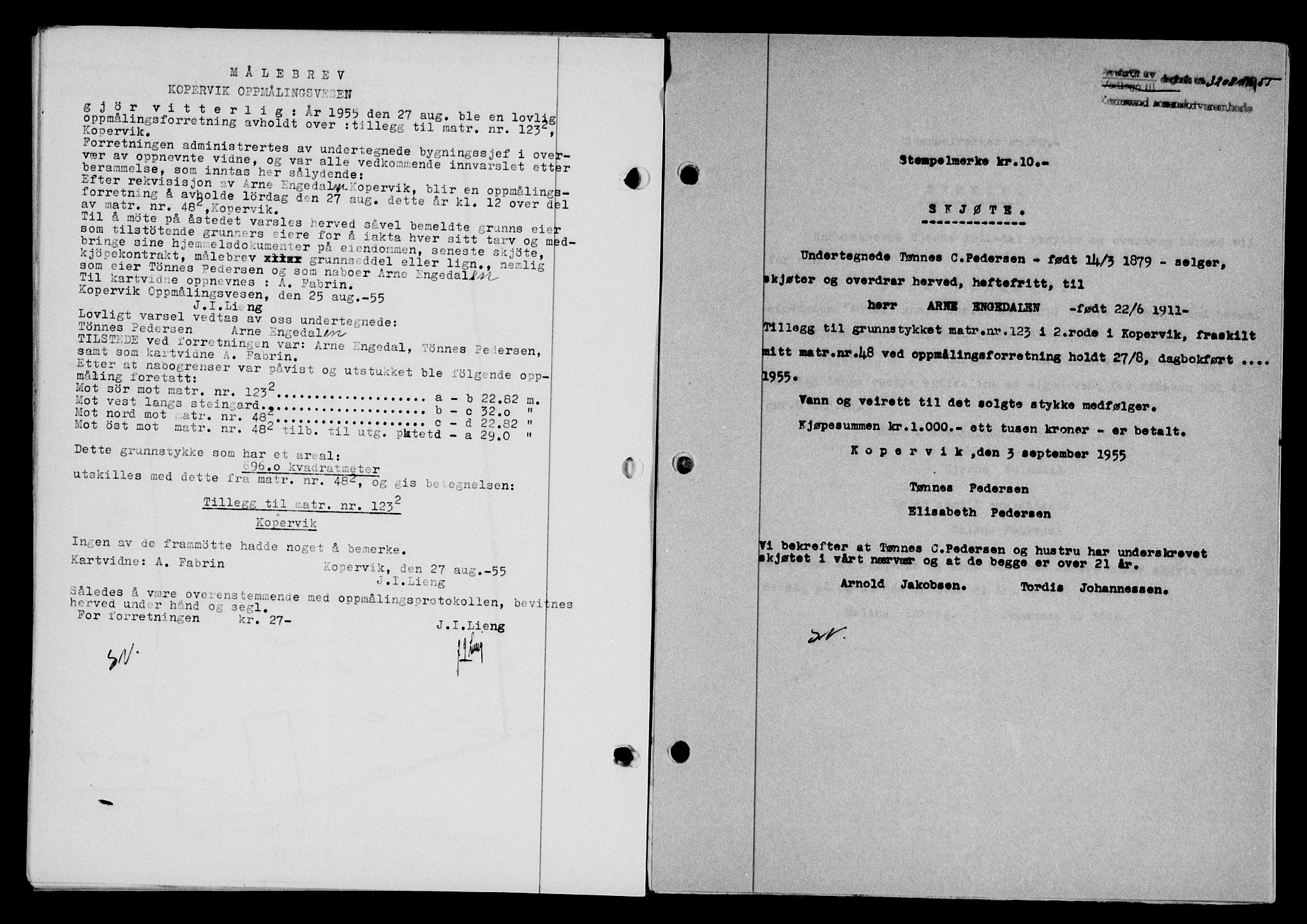 Karmsund sorenskriveri, SAST/A-100311/01/II/IIB/L0117: Mortgage book no. 97Aa, 1955-1955, Diary no: : 3208/1955