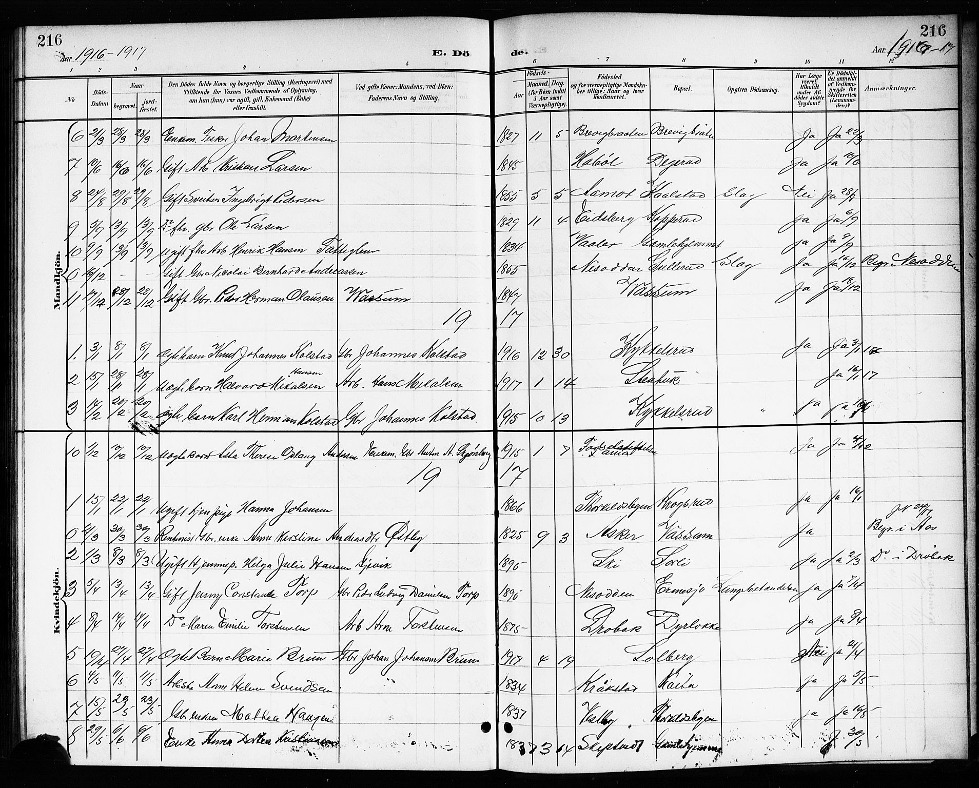 Drøbak prestekontor Kirkebøker, SAO/A-10142a/G/Gb/L0001: Parish register (copy) no. II 1, 1901-1919, p. 216