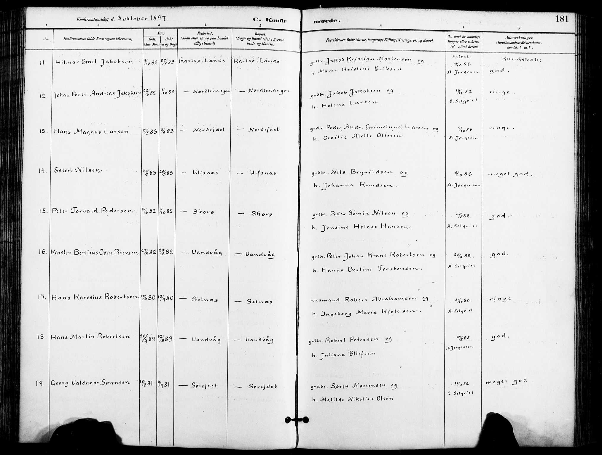 Karlsøy sokneprestembete, AV/SATØ-S-1299/H/Ha/Haa/L0007kirke: Parish register (official) no. 7, 1891-1902, p. 181