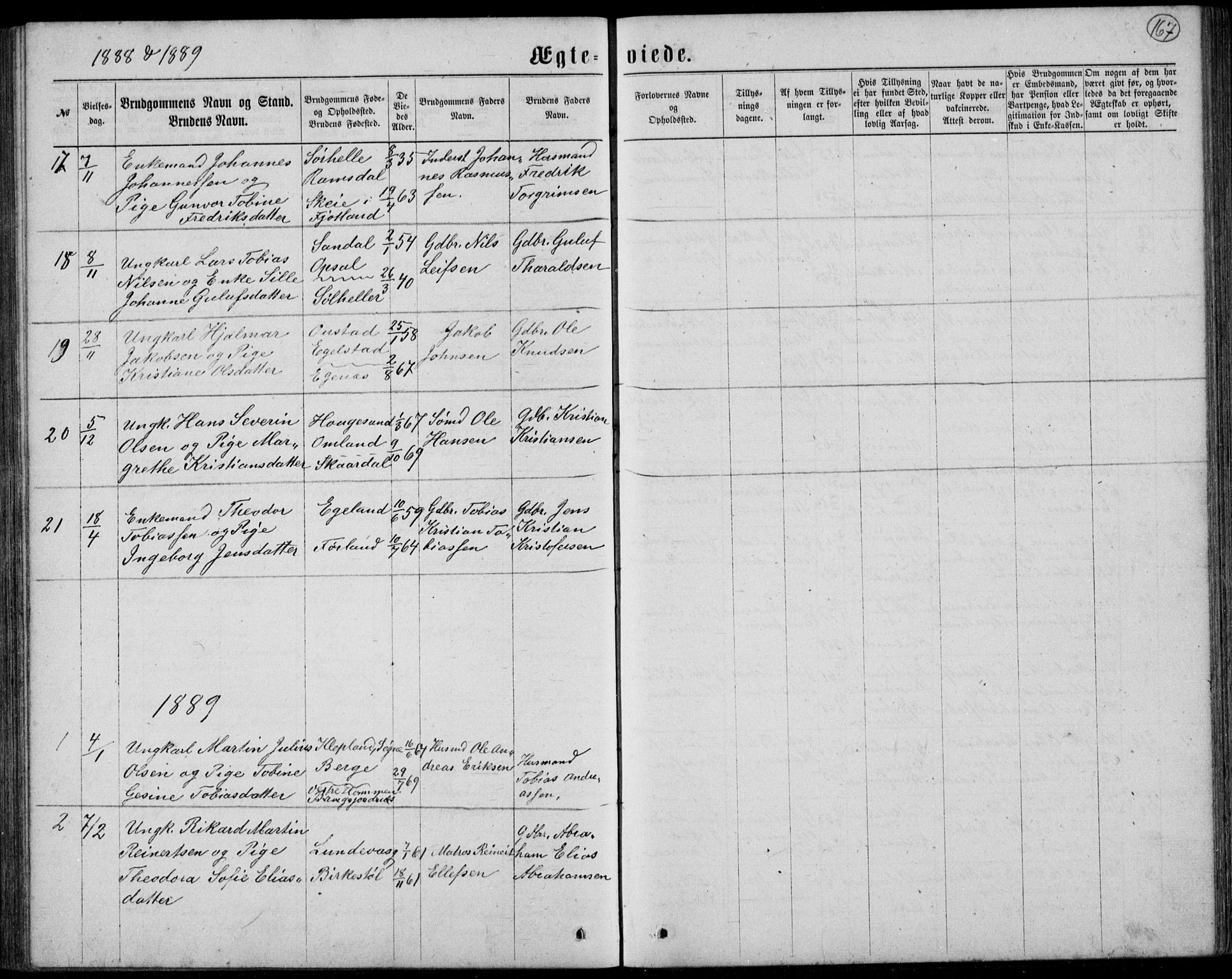 Lyngdal sokneprestkontor, SAK/1111-0029/F/Fb/Fbc/L0004: Parish register (copy) no. B 4, 1878-1896, p. 167