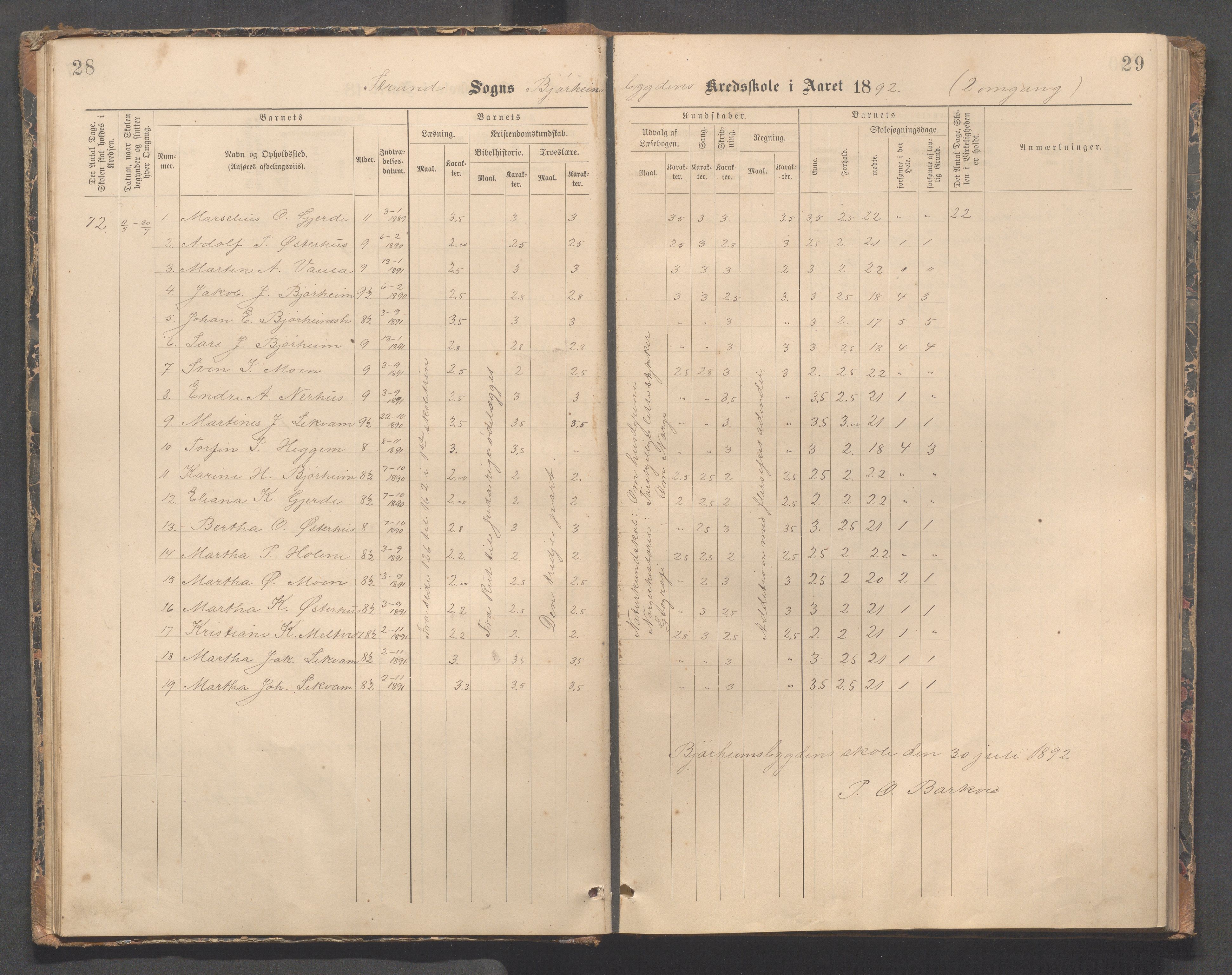 Strand kommune - Bjørheimsbygd skole, IKAR/A-147/H/L0002: Skoleprotokoll for Bjørheimsbygd og Lekvam krets, 1891-1907, p. 28-29