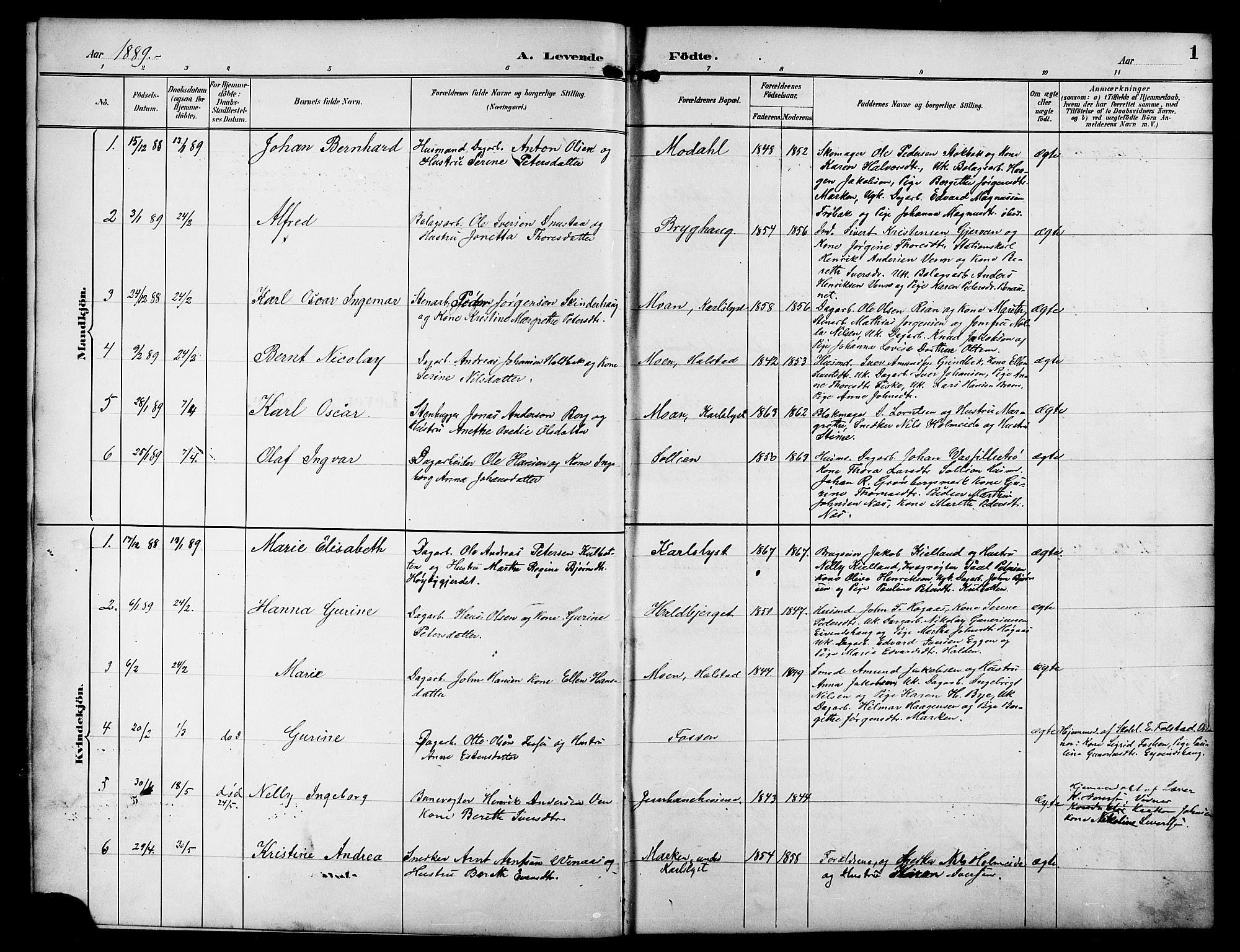 Ministerialprotokoller, klokkerbøker og fødselsregistre - Sør-Trøndelag, SAT/A-1456/617/L0431: Parish register (copy) no. 617C01, 1889-1910, p. 1