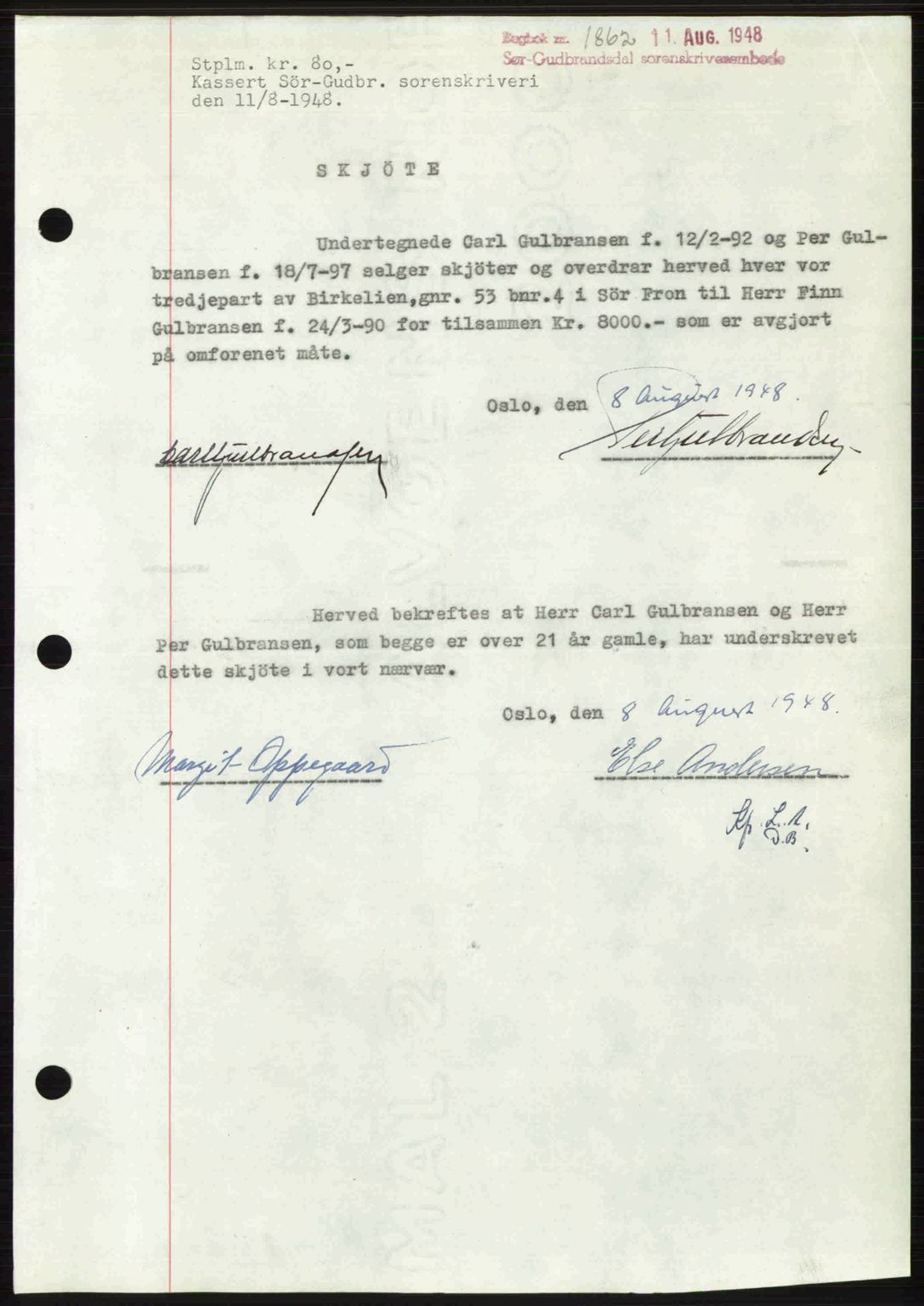 Sør-Gudbrandsdal tingrett, SAH/TING-004/H/Hb/Hbd/L0022: Mortgage book no. A22, 1948-1948, Diary no: : 1862/1948