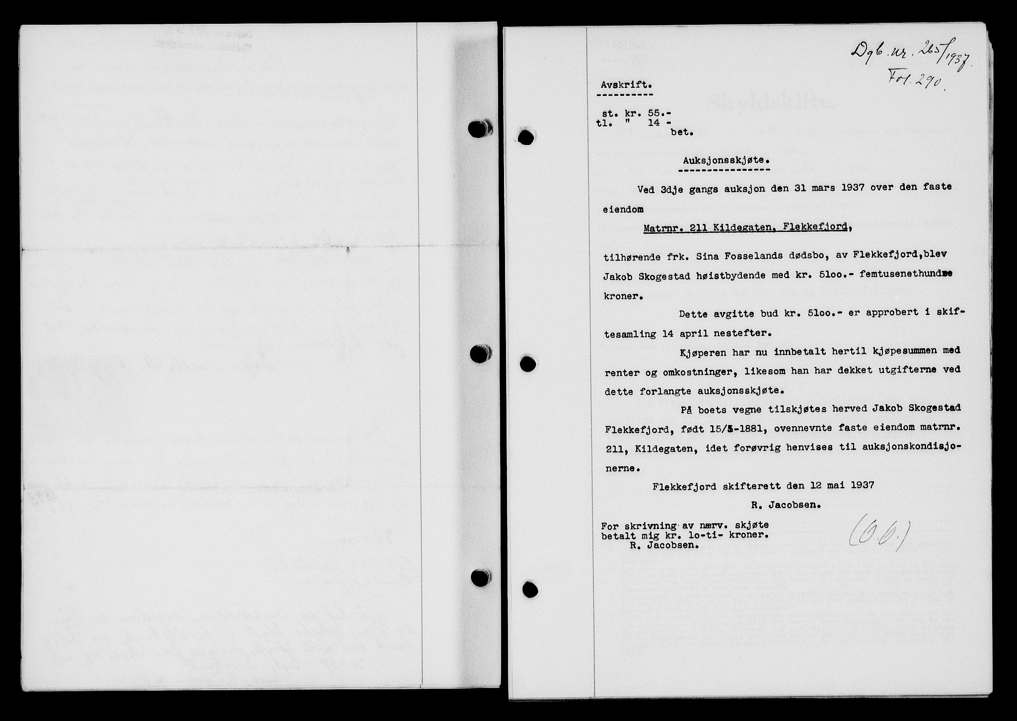 Flekkefjord sorenskriveri, SAK/1221-0001/G/Gb/Gba/L0053: Mortgage book no. A-1, 1936-1937, Diary no: : 265/1937