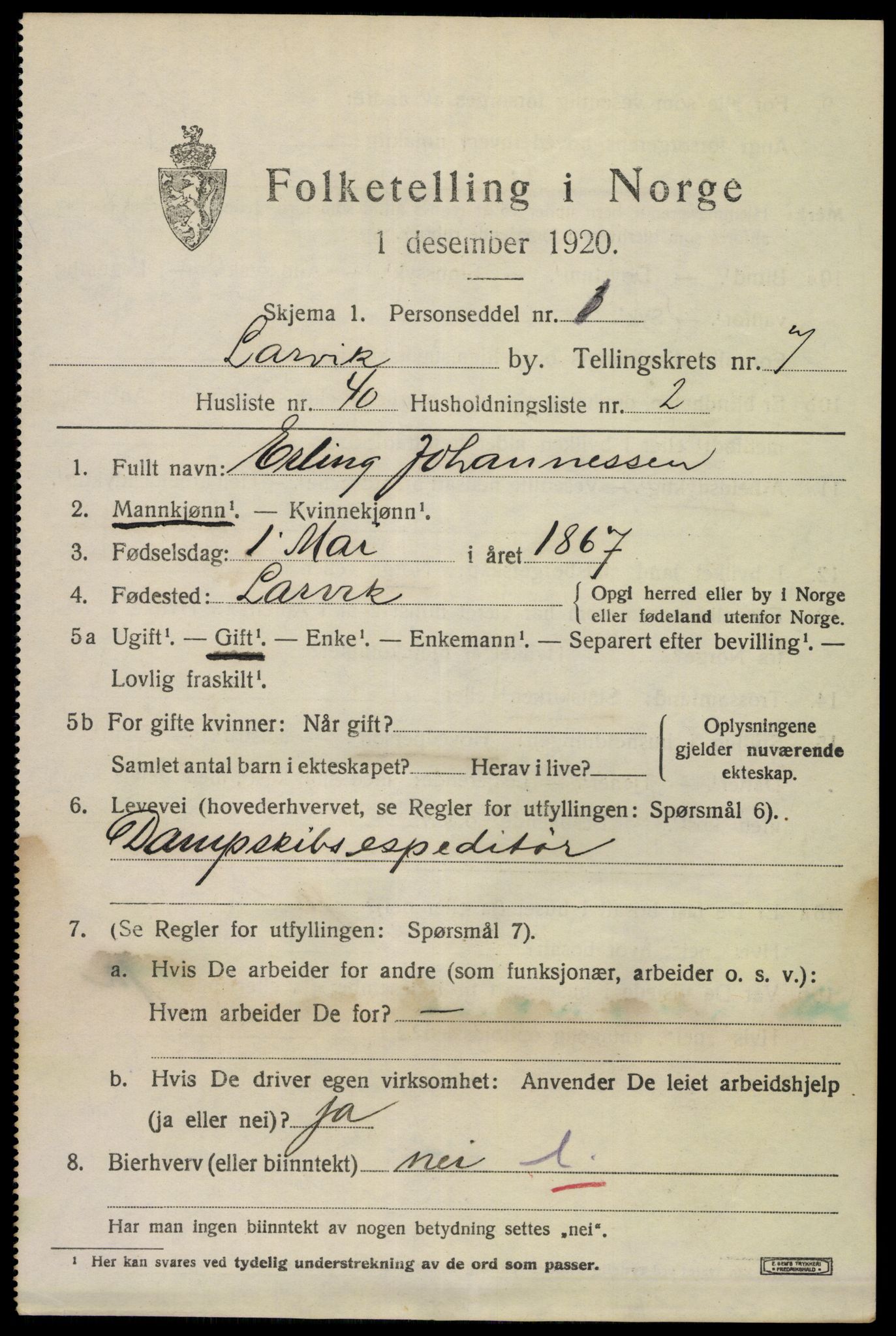 SAKO, 1920 census for Larvik, 1920, p. 21174