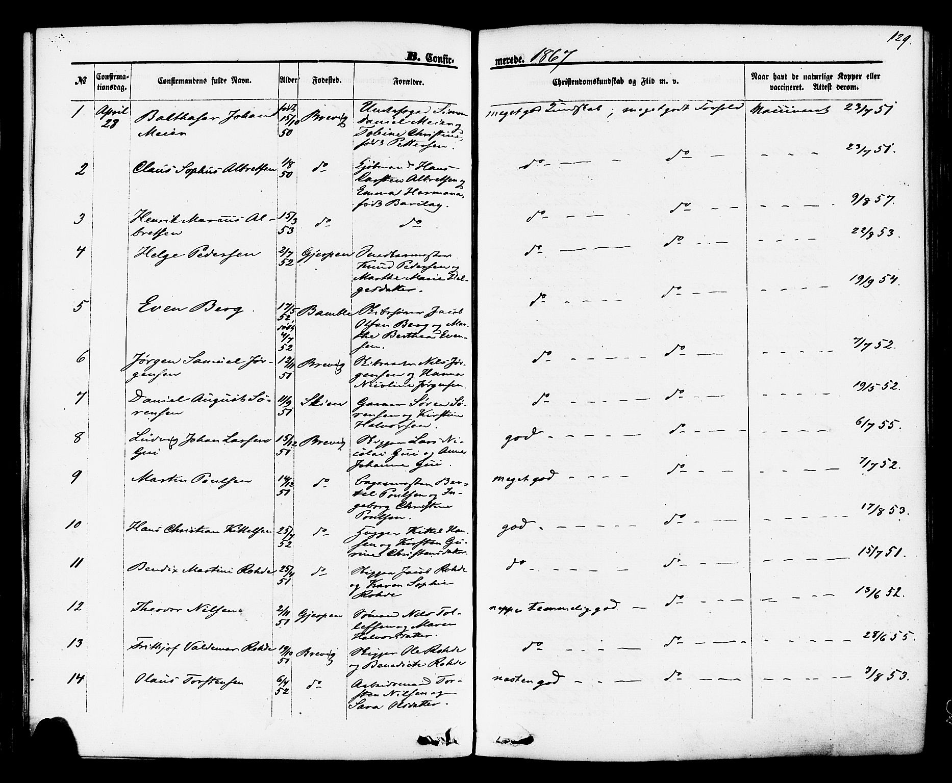 Brevik kirkebøker, SAKO/A-255/F/Fa/L0006: Parish register (official) no. 6, 1866-1881, p. 129