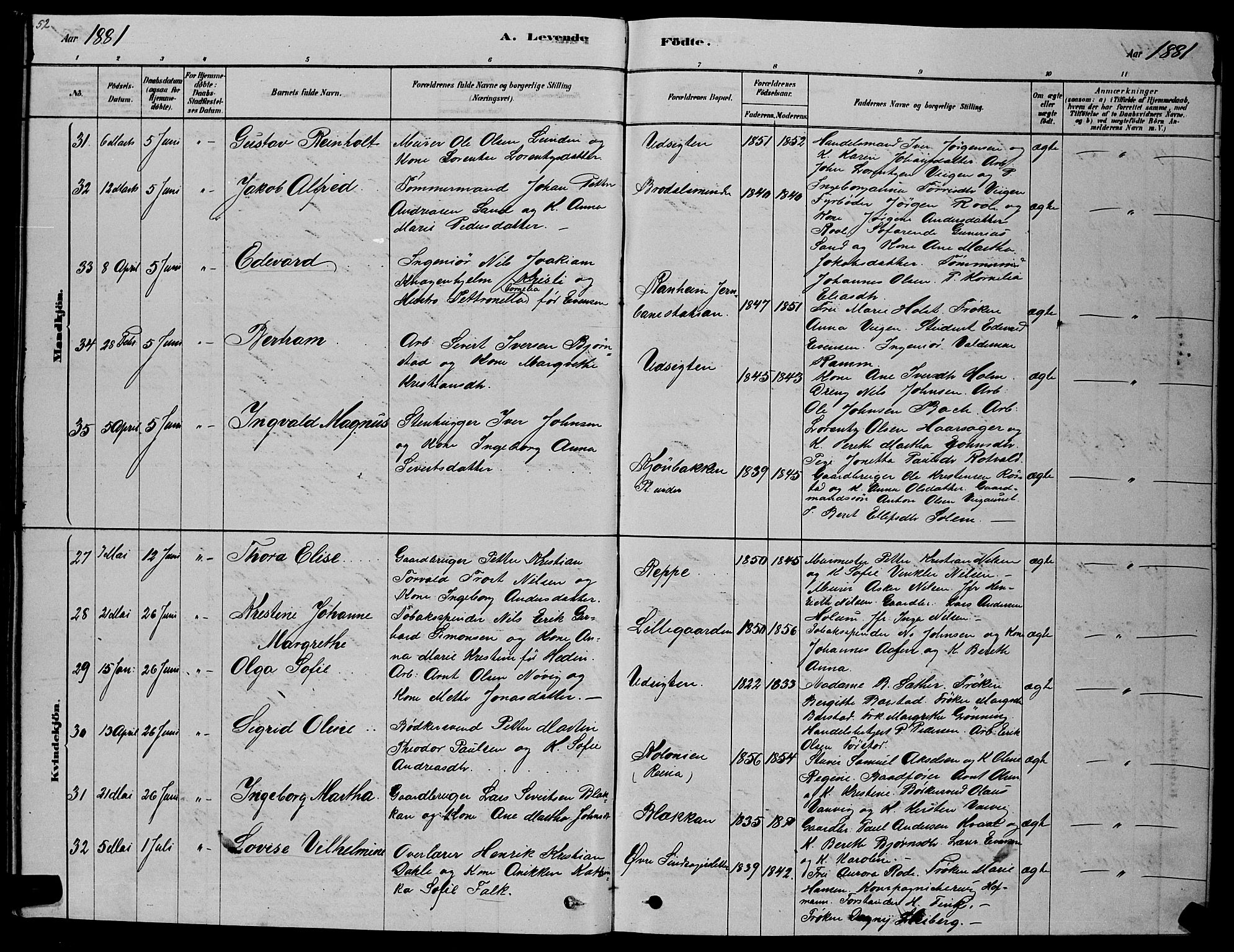 Ministerialprotokoller, klokkerbøker og fødselsregistre - Sør-Trøndelag, SAT/A-1456/606/L0312: Parish register (copy) no. 606C08, 1878-1894, p. 52