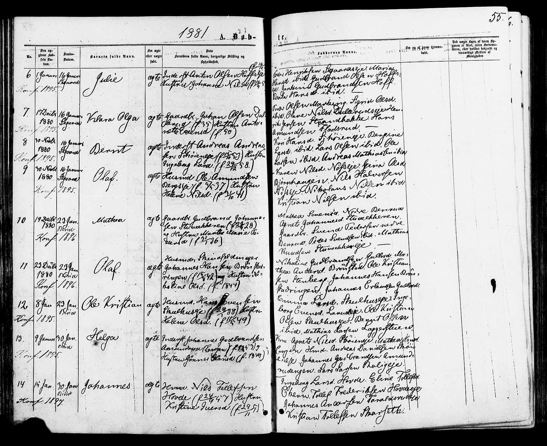 Biri prestekontor, SAH/PREST-096/H/Ha/Haa/L0006: Parish register (official) no. 6, 1877-1886, p. 55