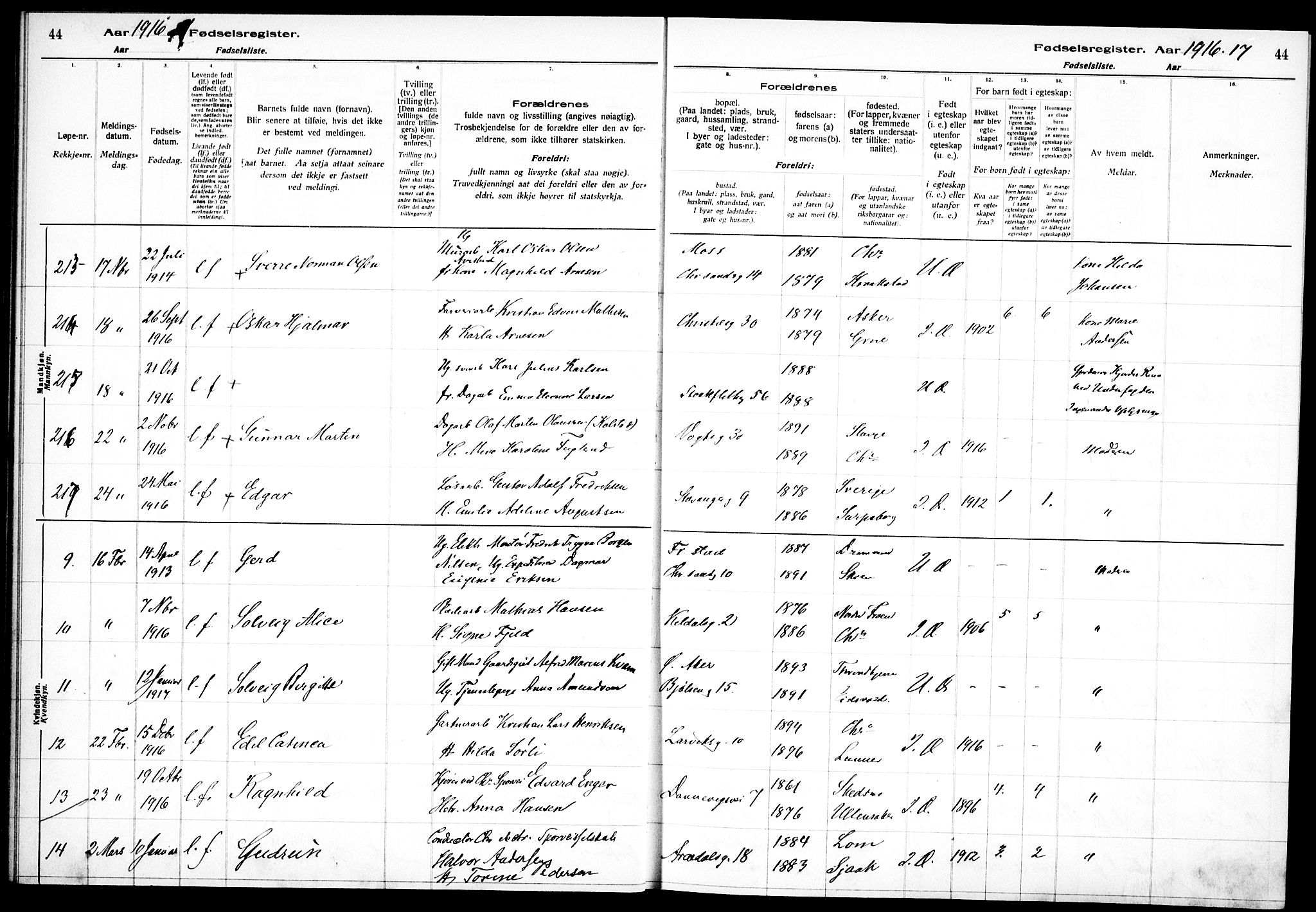 Sagene prestekontor Kirkebøker, AV/SAO-A-10796/J/L0001: Birth register no. 1, 1916-1920, p. 44