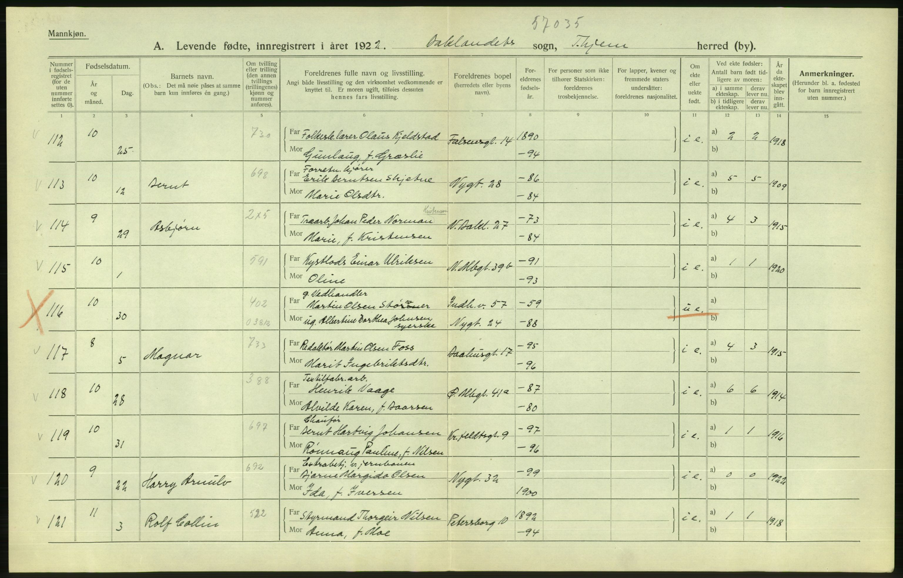 Statistisk sentralbyrå, Sosiodemografiske emner, Befolkning, AV/RA-S-2228/D/Df/Dfc/Dfcb/L0039: Trondheim: Levendefødte menn og kvinner., 1922, p. 58