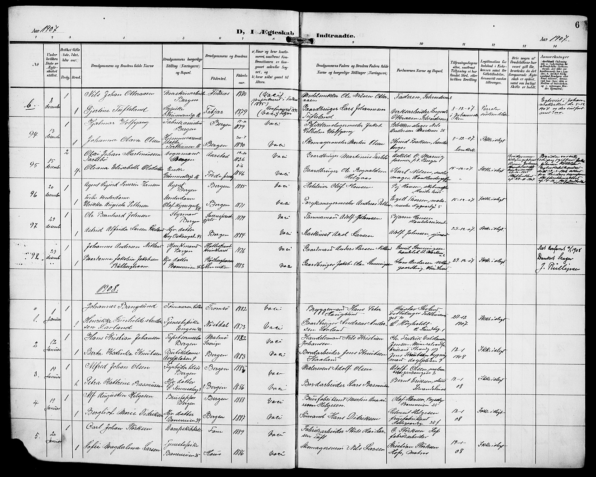 Domkirken sokneprestembete, SAB/A-74801/H/Hab/L0033: Parish register (copy) no. D 5, 1907-1924, p. 6