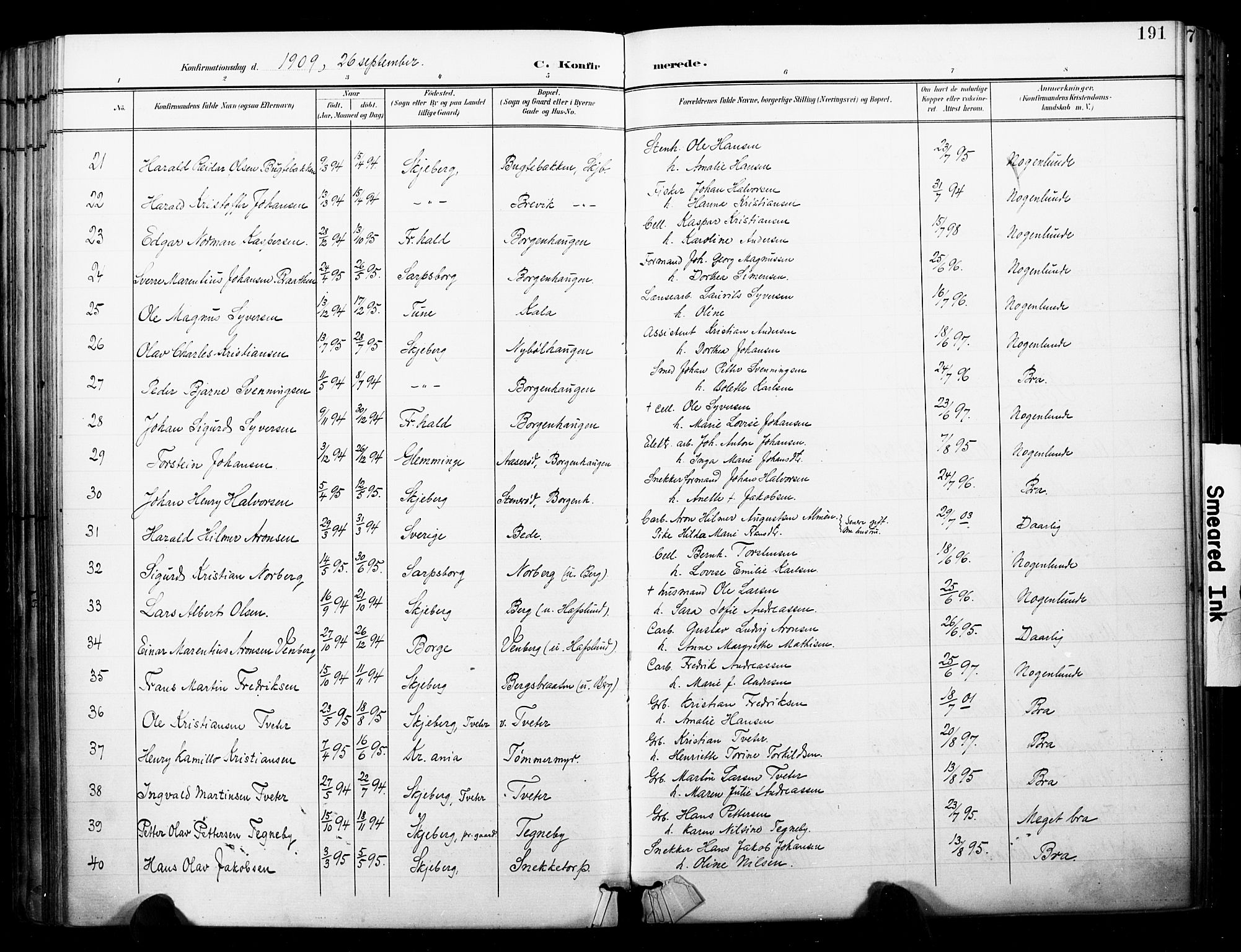 Skjeberg prestekontor Kirkebøker, SAO/A-10923/F/Fa/L0010: Parish register (official) no. I 10, 1898-1911, p. 191