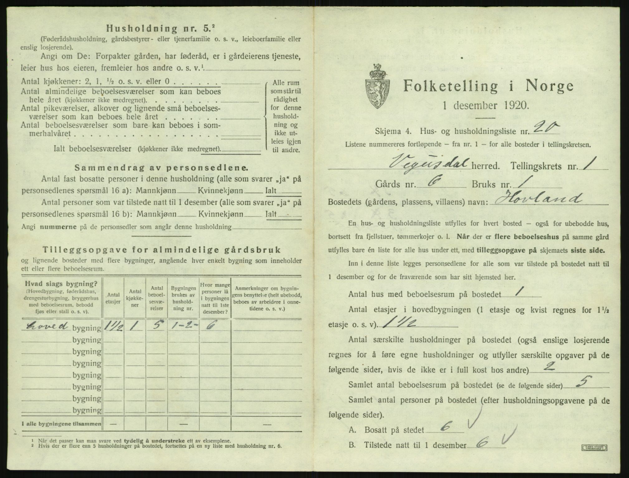 SAK, 1920 census for Vegusdal, 1920, p. 83