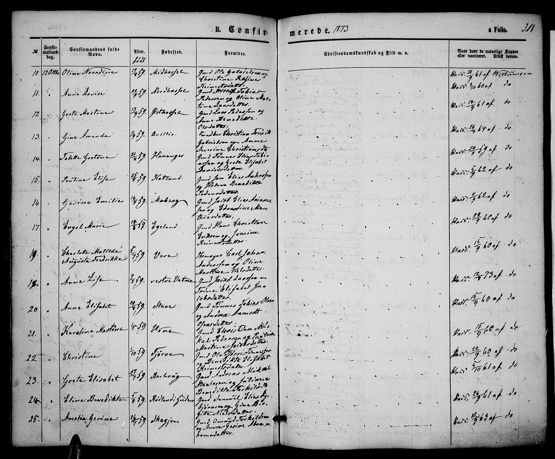 Lista sokneprestkontor, AV/SAK-1111-0027/F/Fb/L0003: Parish register (copy) no. B 3, 1862-1877, p. 318