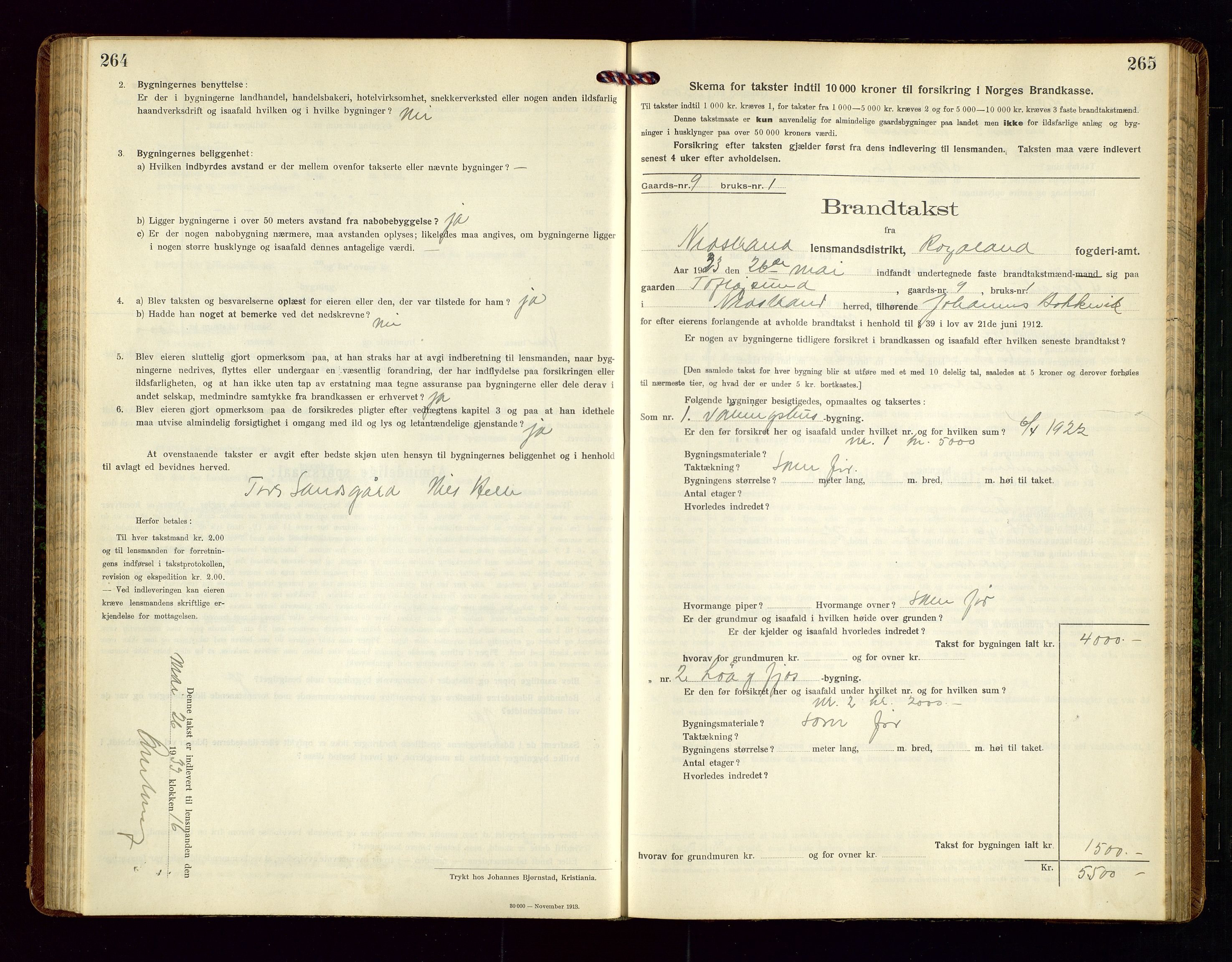 Nedstrand lensmannskontor, SAST/A-100236/Gob/L0002: "Brandtakstprotokol for Nerstrand lensmandsdistrikt Rogaland Fylke", 1916-1949, p. 264-265