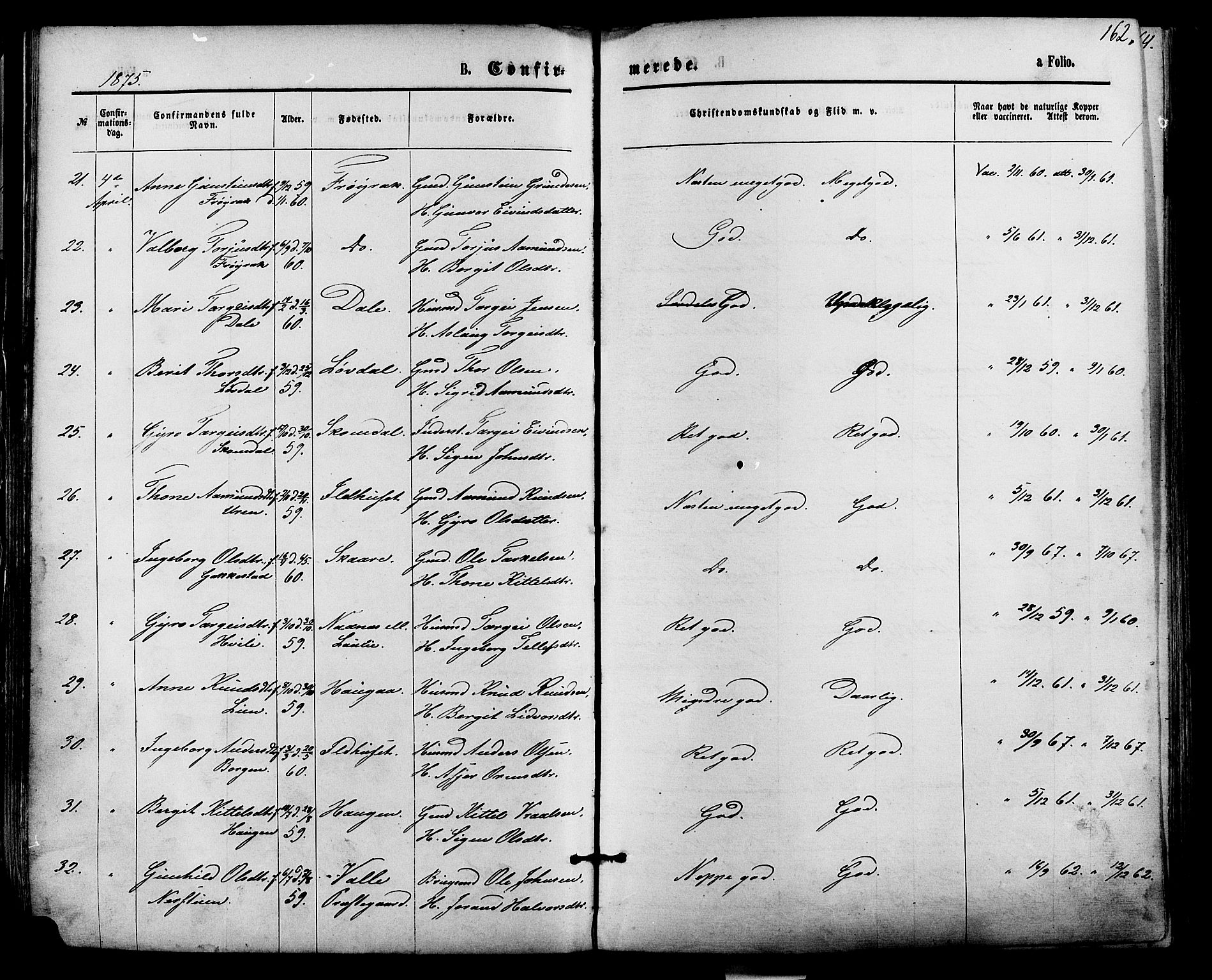 Bygland sokneprestkontor, AV/SAK-1111-0006/F/Fa/Fab/L0006: Parish register (official) no. A 6, 1873-1884, p. 162