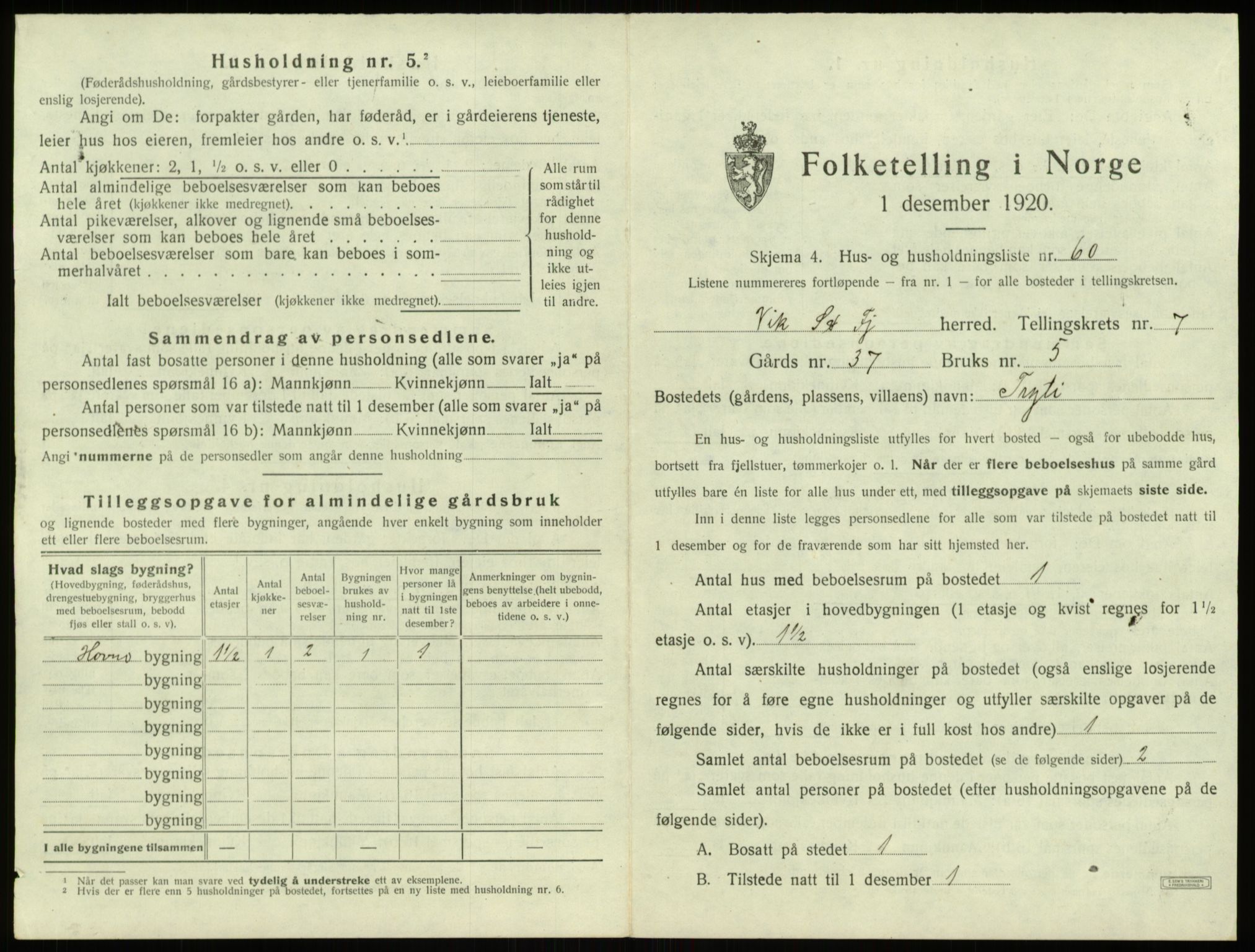 SAB, 1920 census for Vik, 1920, p. 875