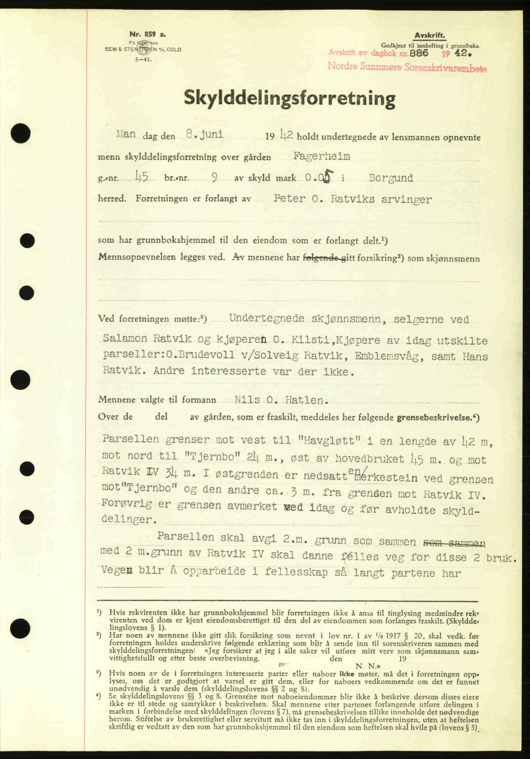 Nordre Sunnmøre sorenskriveri, AV/SAT-A-0006/1/2/2C/2Ca: Mortgage book no. A13, 1942-1942, Diary no: : 886/1942