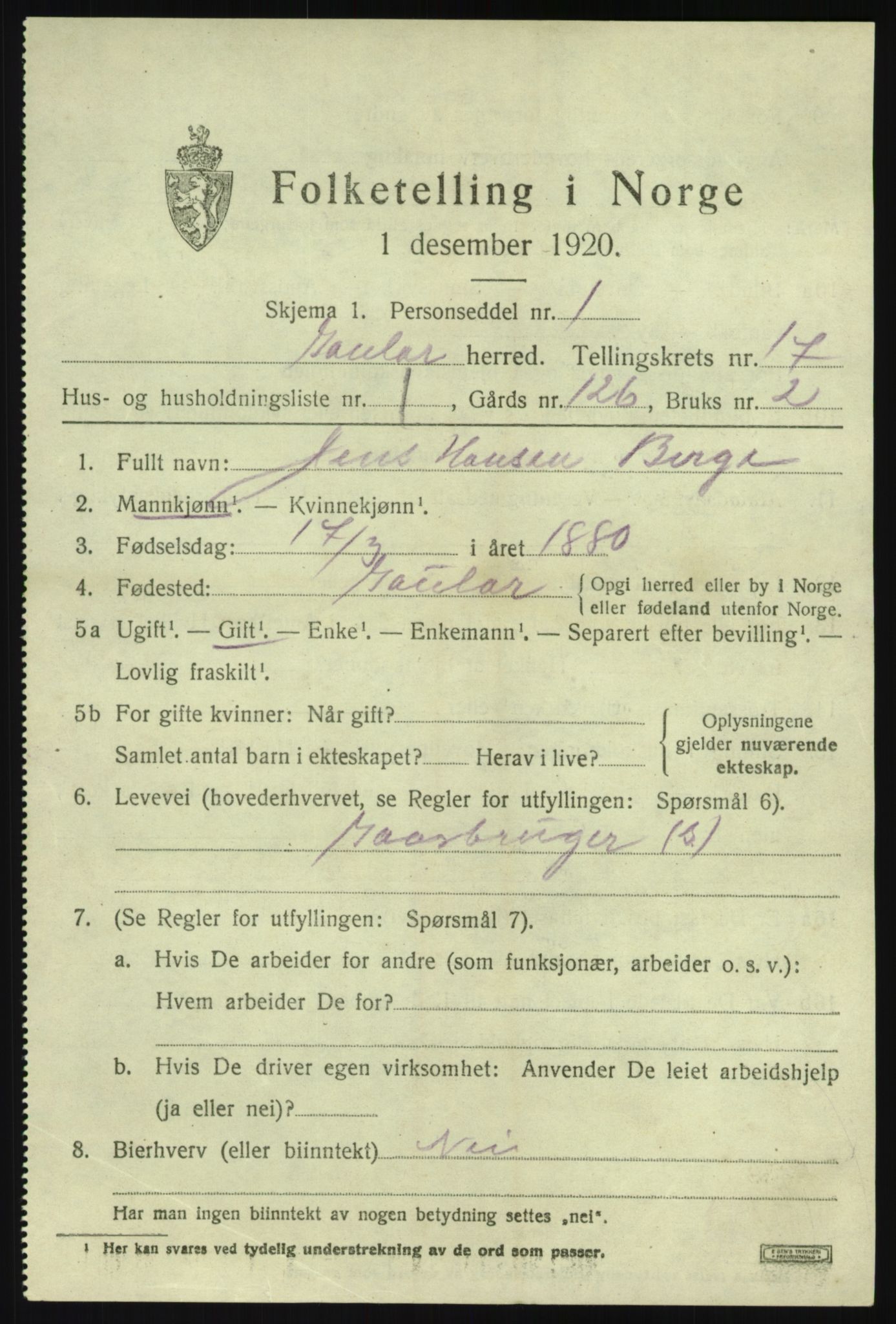 SAB, 1920 census for Gaular, 1920, p. 7462