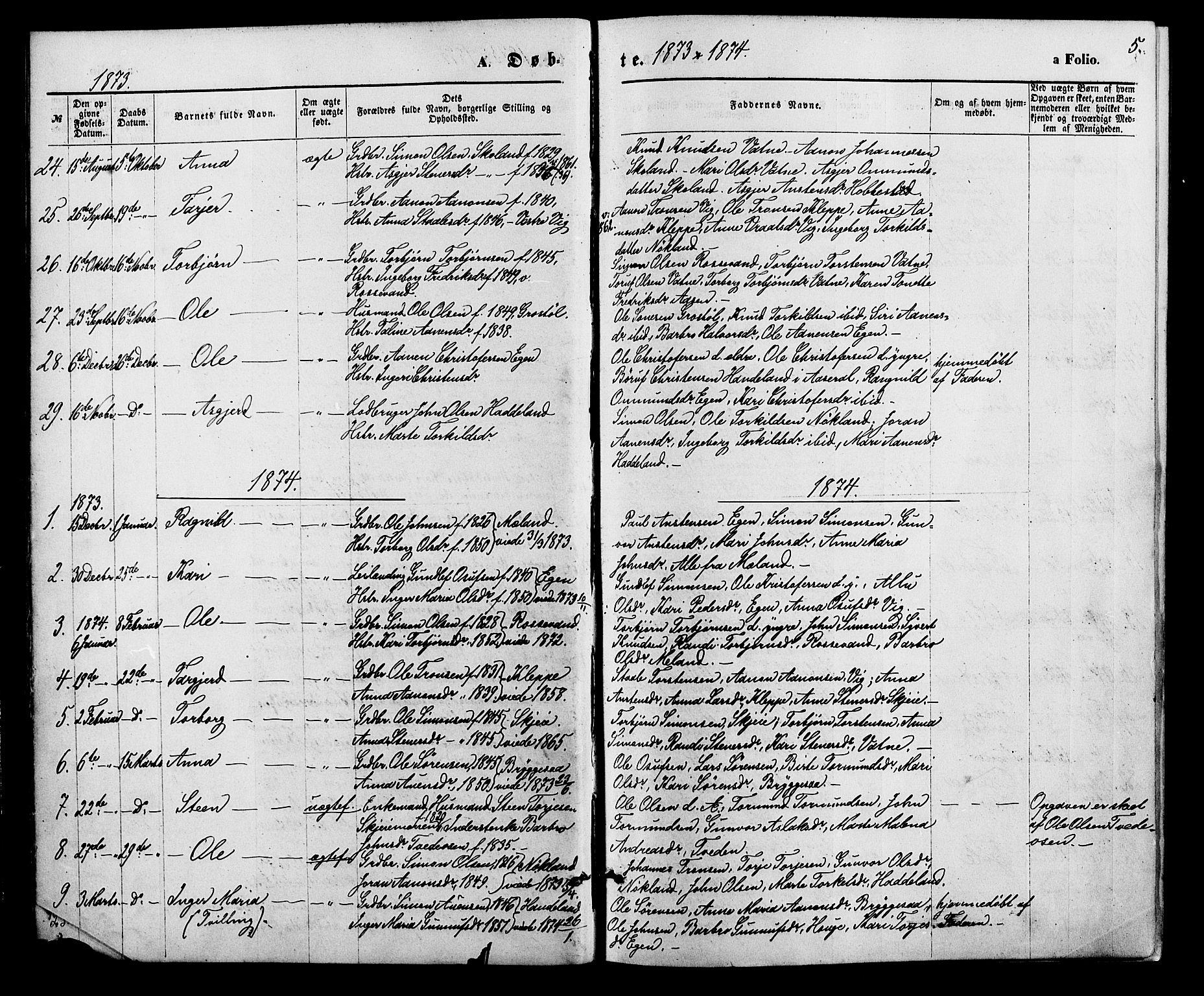 Hægebostad sokneprestkontor, SAK/1111-0024/F/Fa/Fab/L0003: Parish register (official) no. A 3, 1872-1886, p. 5