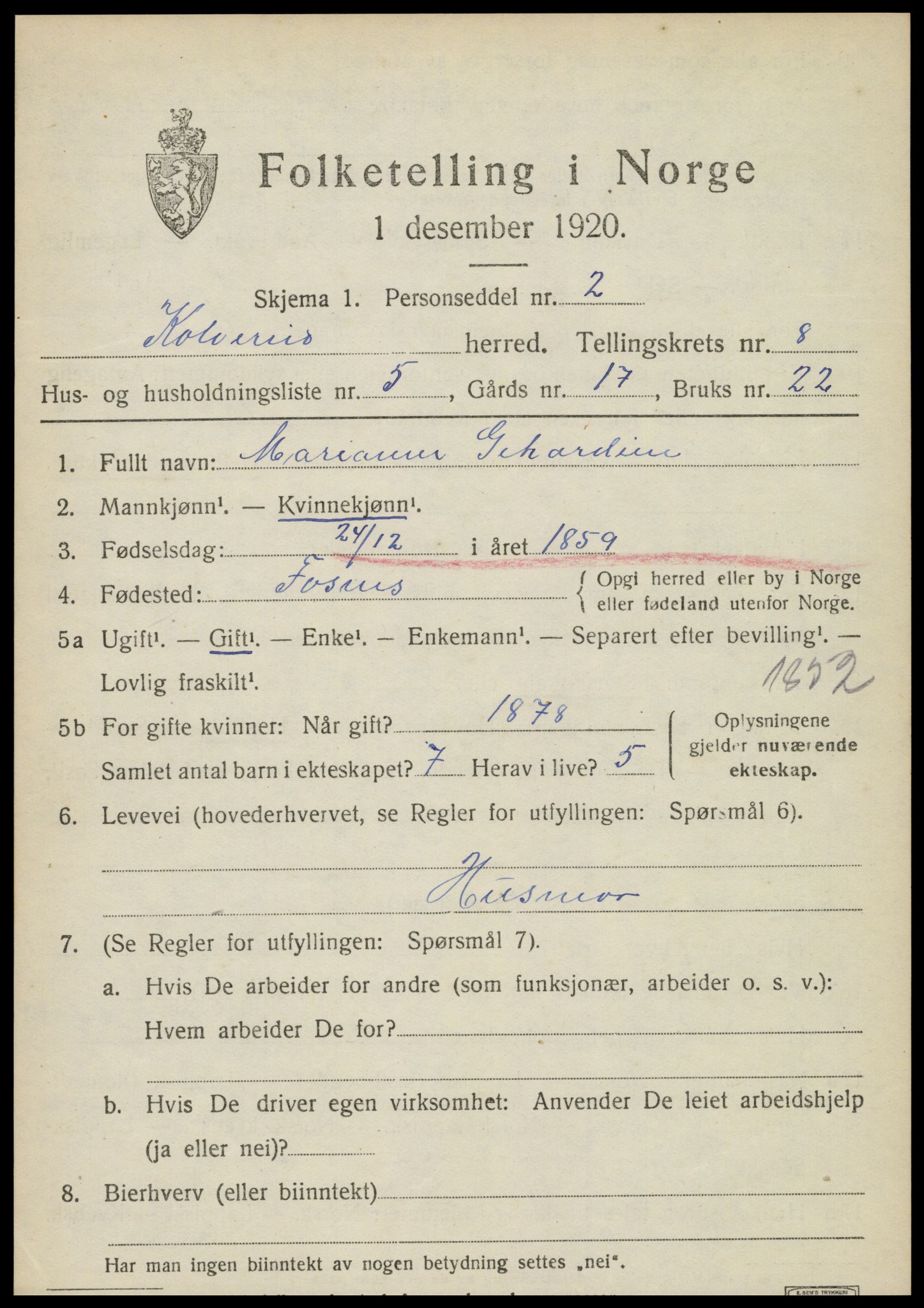 SAT, 1920 census for Kolvereid, 1920, p. 5133
