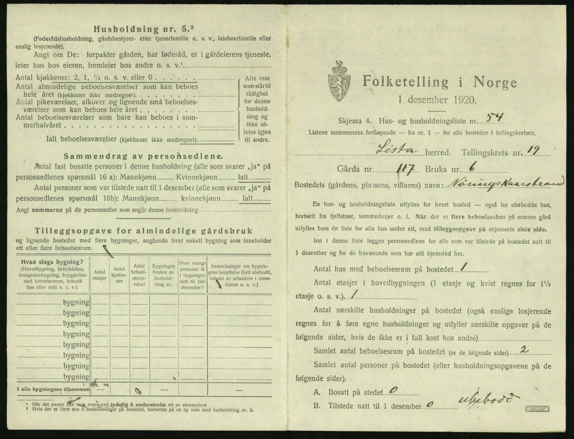 SAK, 1920 census for Lista, 1920, p. 2847