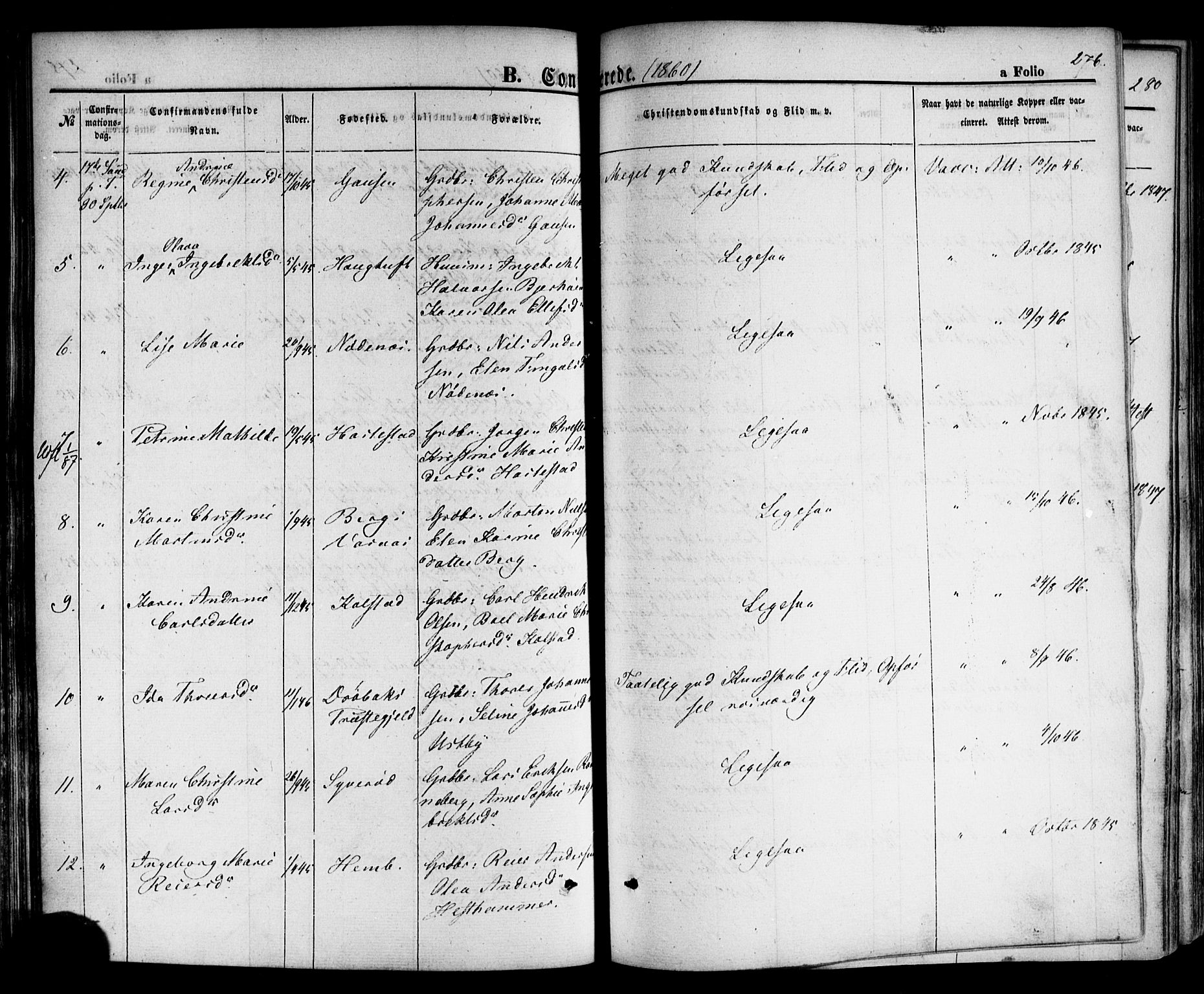 Hof kirkebøker, AV/SAKO-A-64/F/Fa/L0006: Parish register (official) no. I 6, 1851-1877, p. 276