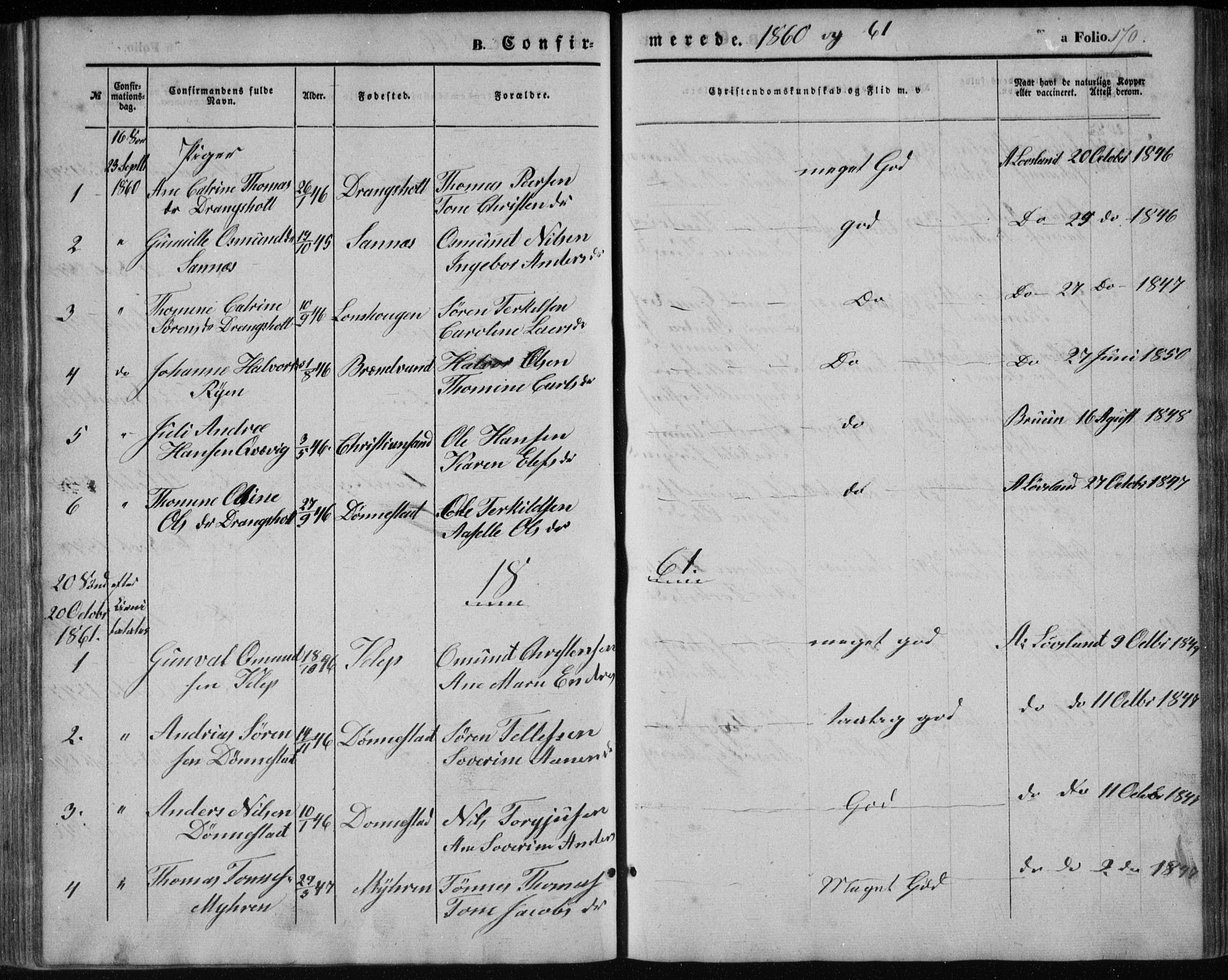 Tveit sokneprestkontor, AV/SAK-1111-0043/F/Fb/L0003: Parish register (copy) no. B 3, 1854-1886, p. 170