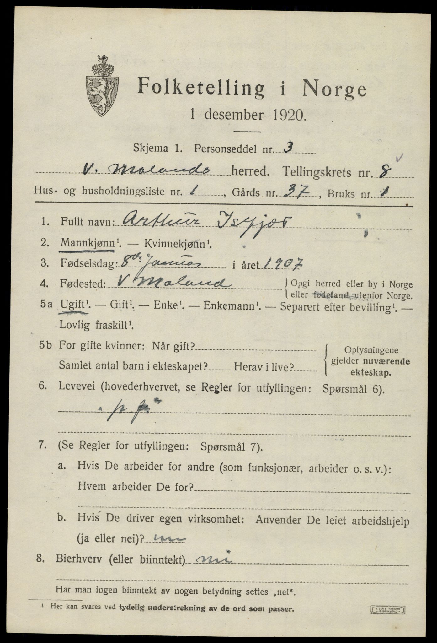 SAK, 1920 census for Vestre Moland, 1920, p. 5221