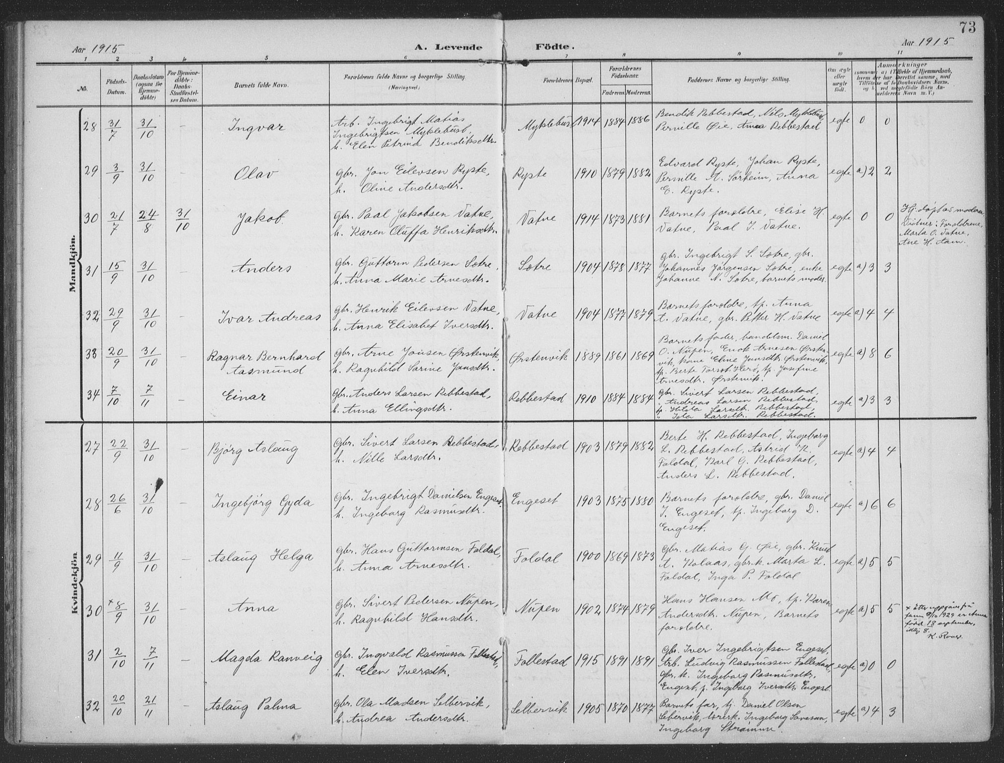 Ministerialprotokoller, klokkerbøker og fødselsregistre - Møre og Romsdal, SAT/A-1454/513/L0178: Parish register (official) no. 513A05, 1906-1919, p. 73