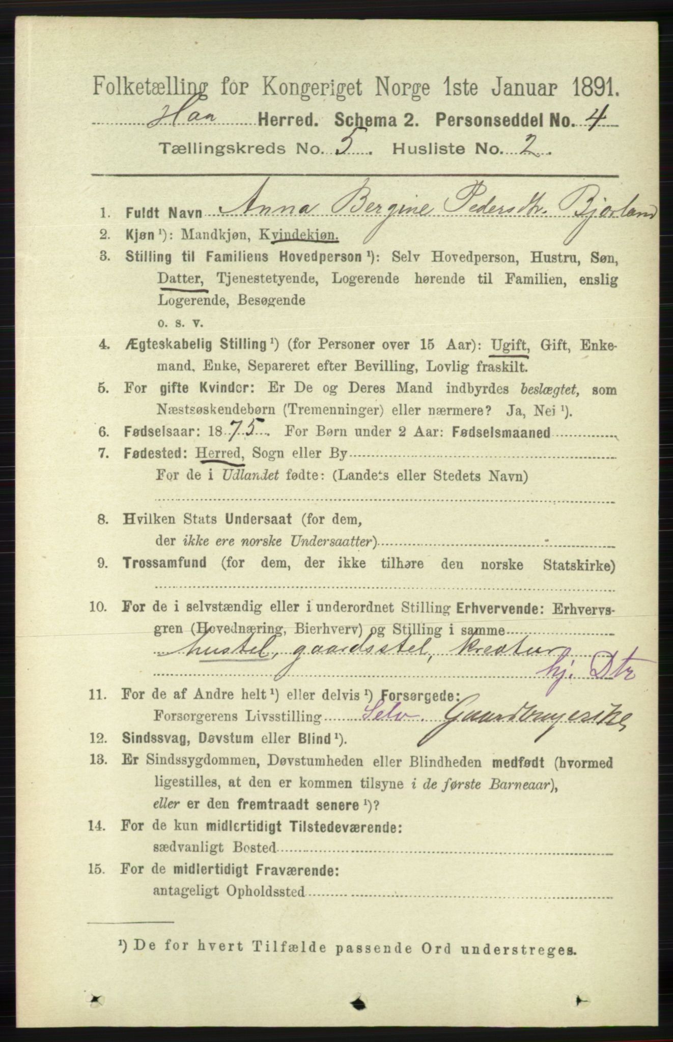 RA, 1891 census for 1119 Hå, 1891, p. 1351