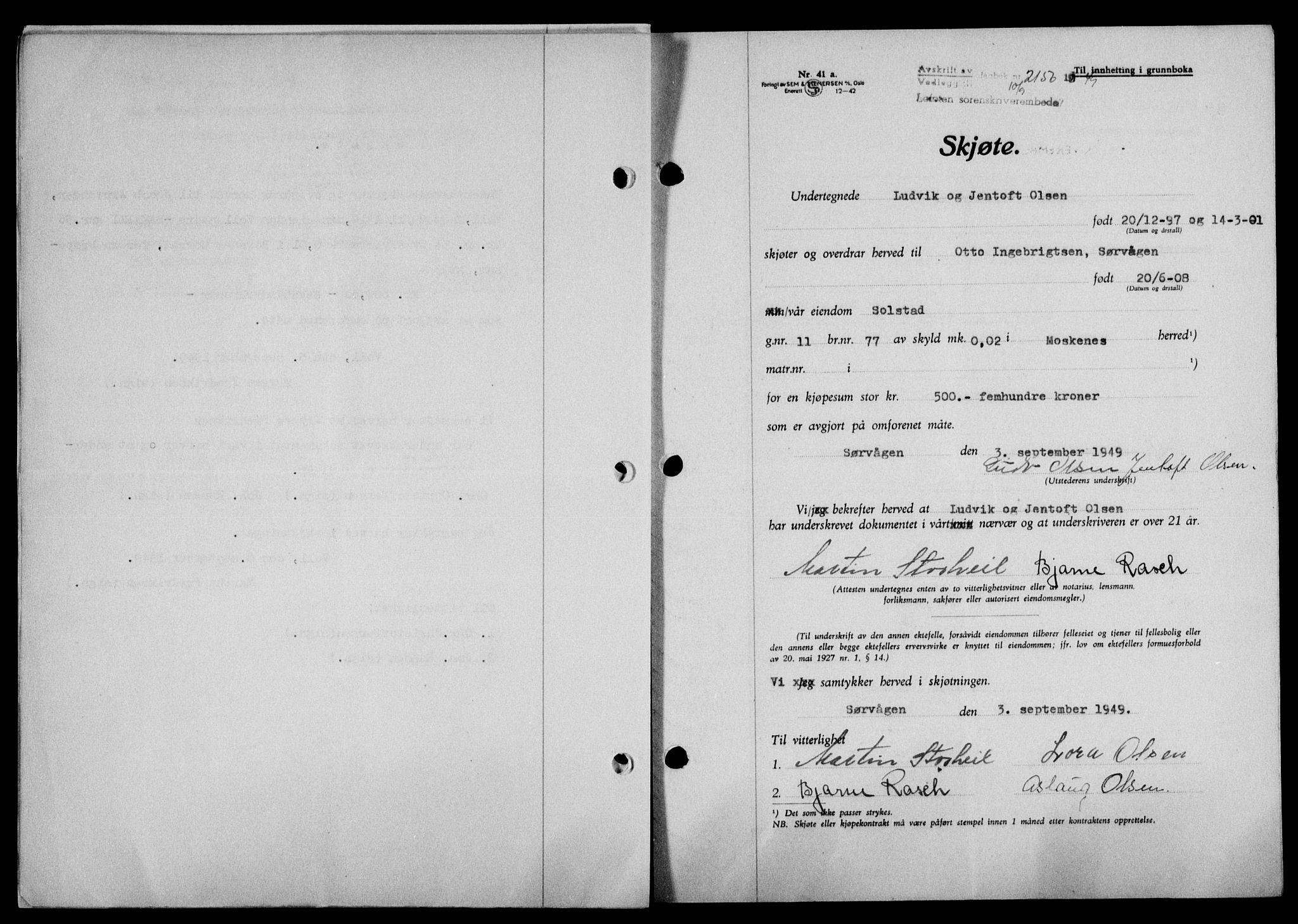 Lofoten sorenskriveri, SAT/A-0017/1/2/2C/L0021a: Mortgage book no. 21a, 1949-1949, Diary no: : 2156/1949