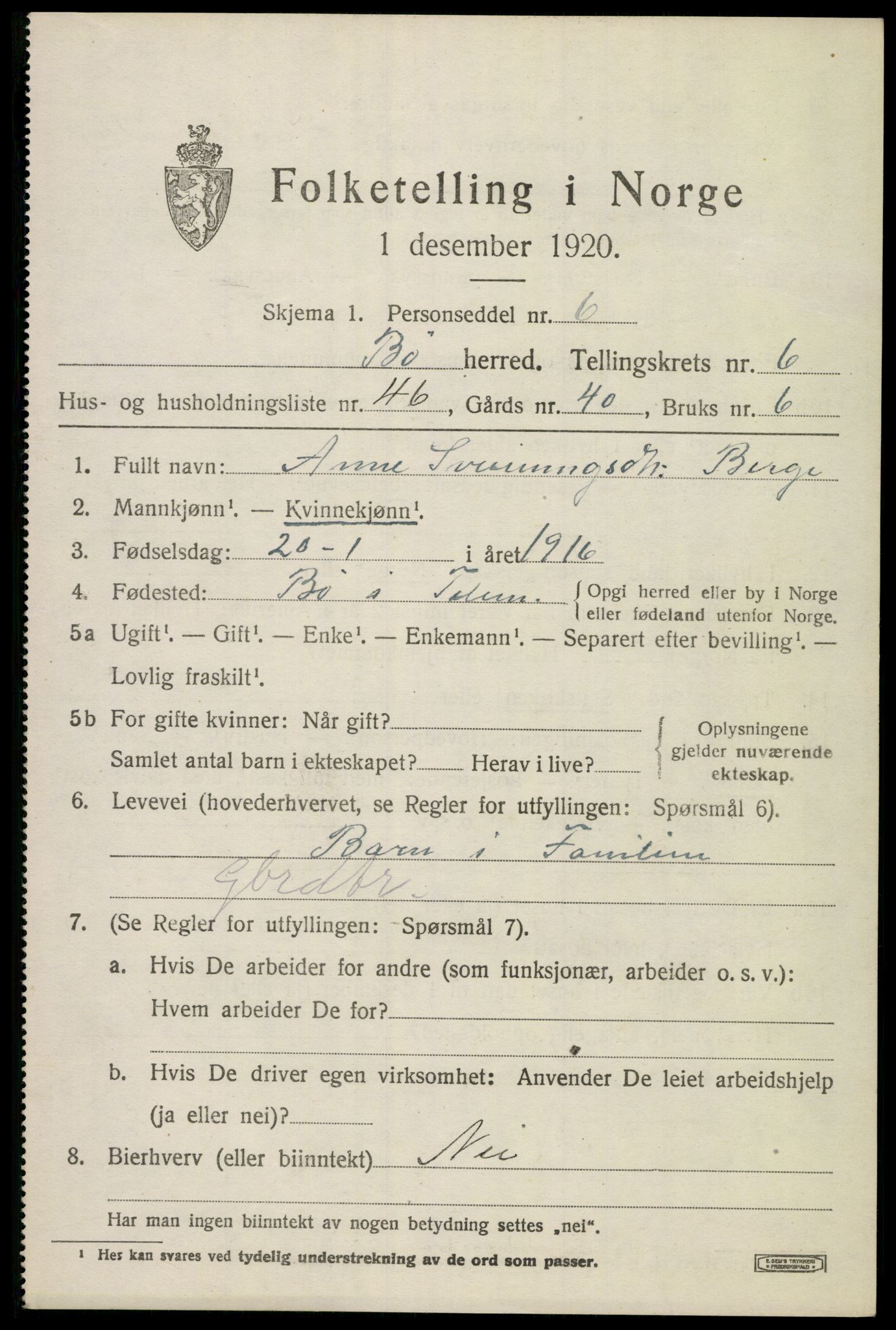 SAKO, 1920 census for Bø (Telemark), 1920, p. 4906