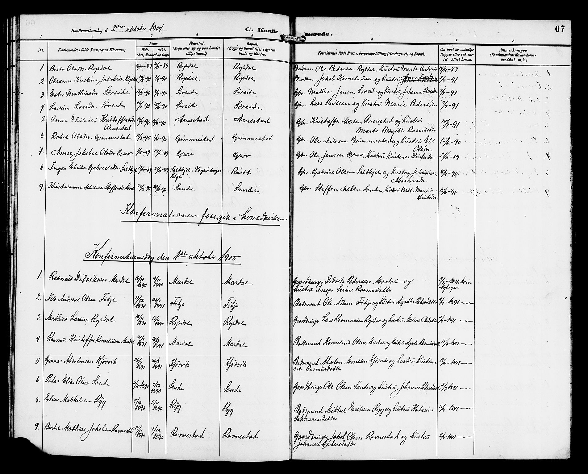 Gloppen sokneprestembete, SAB/A-80101/H/Hab/Habd/L0001: Parish register (copy) no. D 1, 1892-1921, p. 67