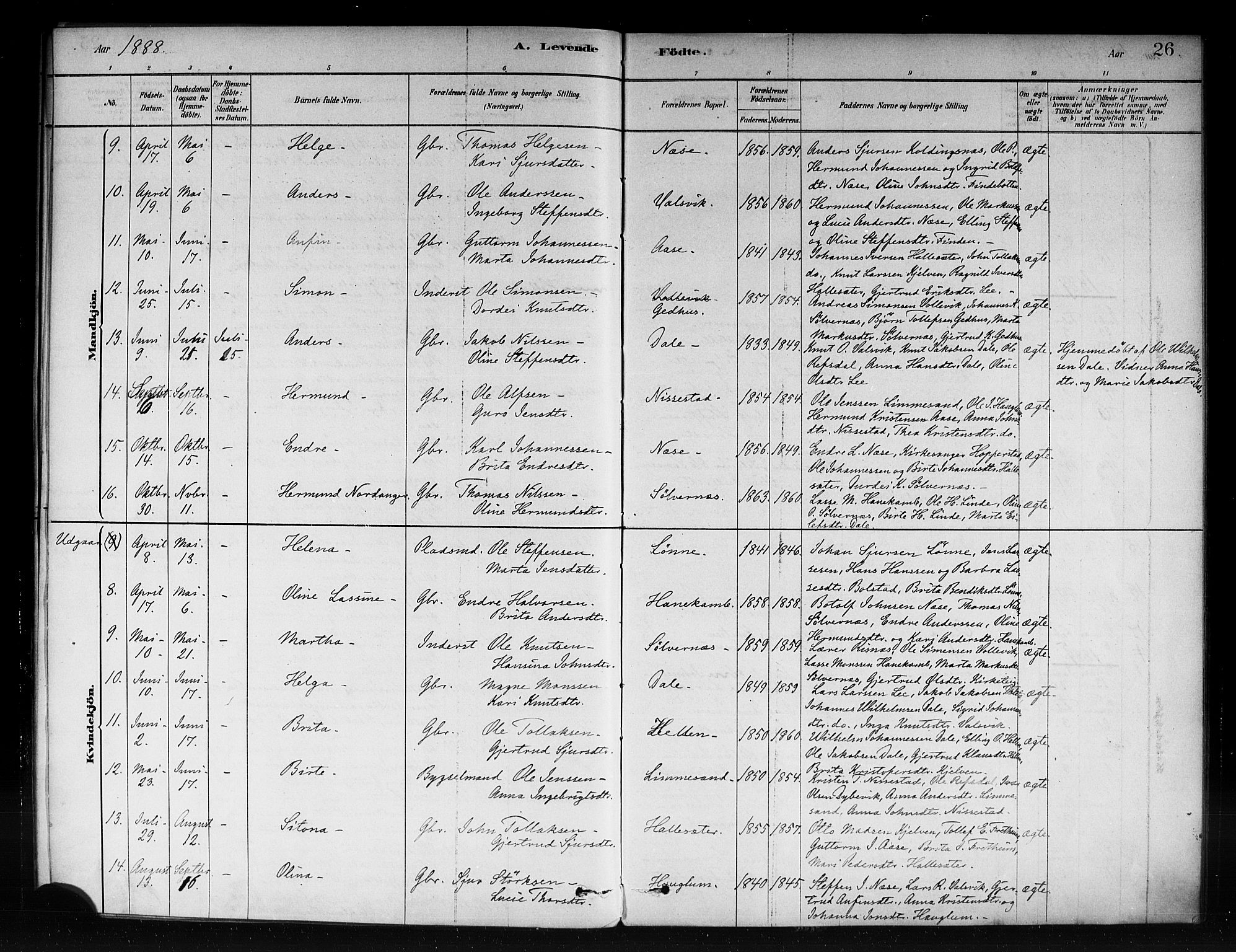 Vik sokneprestembete, AV/SAB-A-81501/H/Haa/Haac/L0001: Parish register (official) no. C 1, 1878-1890, p. 26