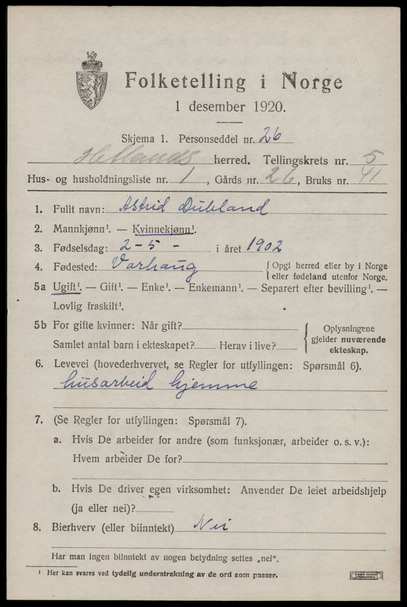 SAST, 1920 census for Hetland, 1920, p. 8203