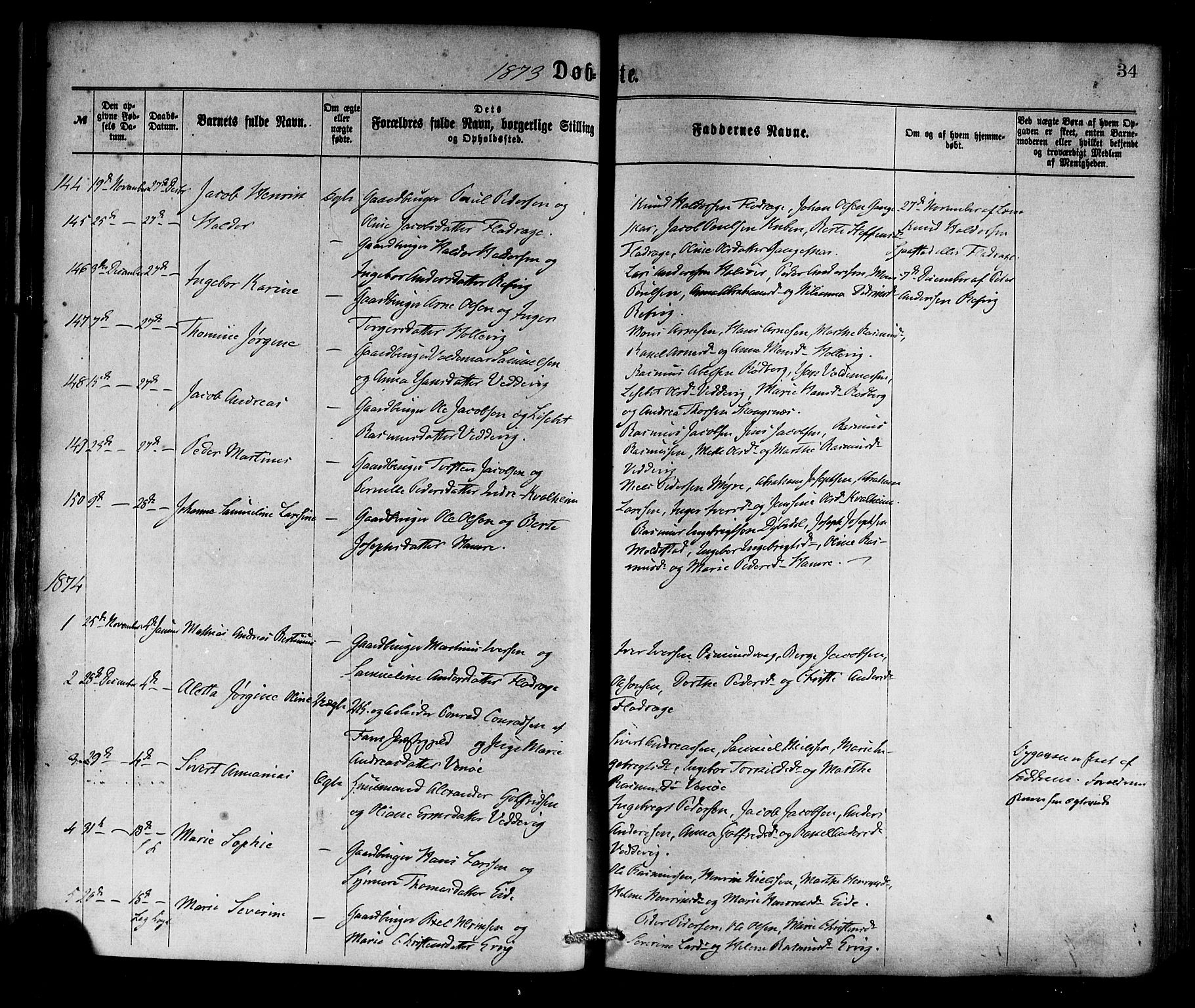 Selje sokneprestembete, SAB/A-99938/H/Ha/Haa/Haaa: Parish register (official) no. A 12, 1870-1880, p. 34