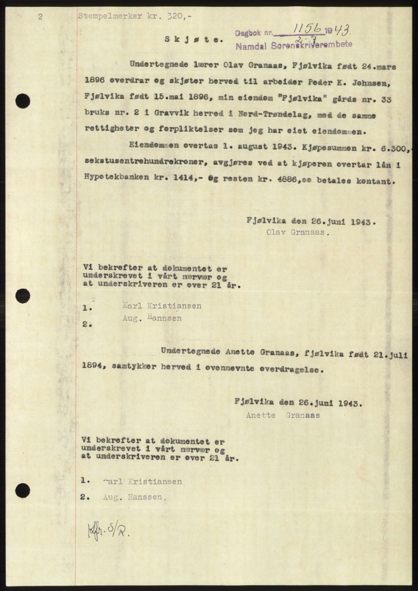 Namdal sorenskriveri, AV/SAT-A-4133/1/2/2C: Mortgage book no. -, 1943-1944, Diary no: : 1156/1943